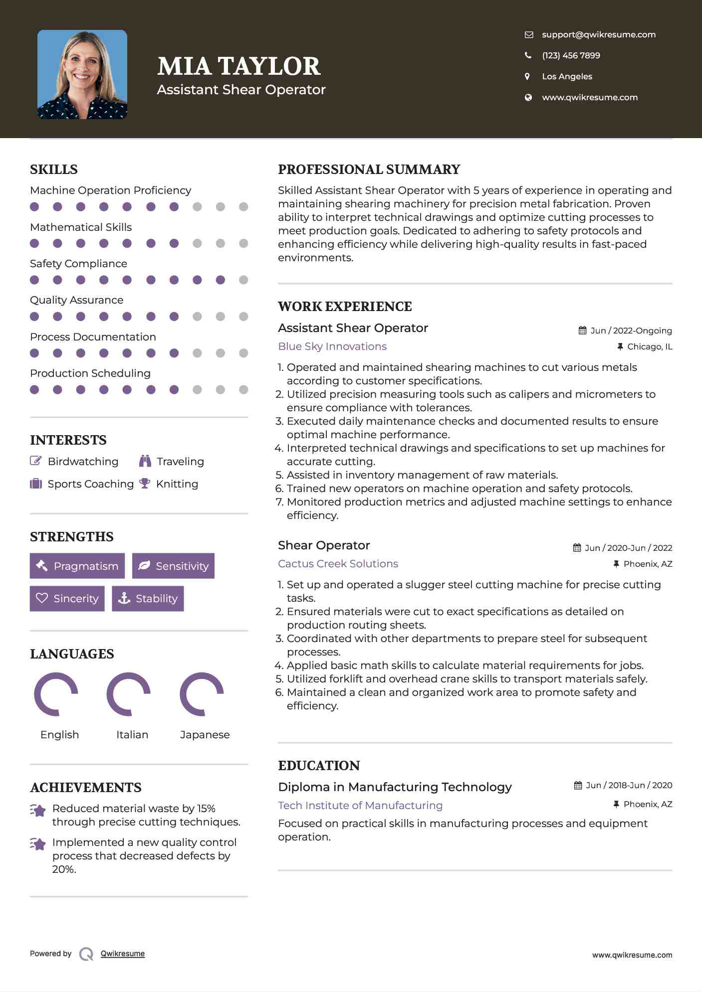 Assistant Shear Operator Resume Format