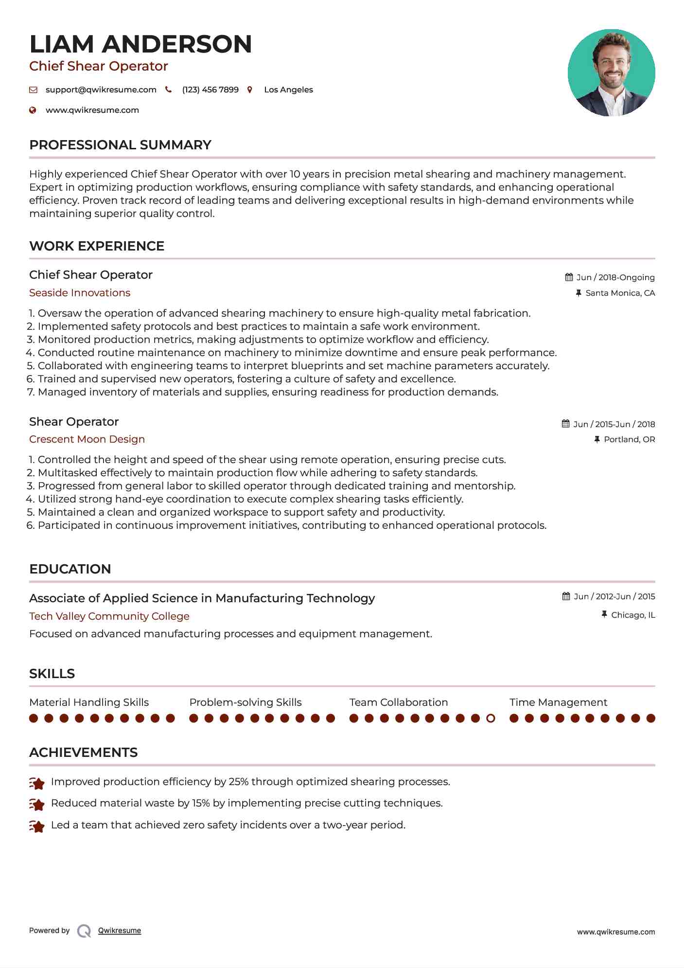 Chief Shear Operator Resume Format