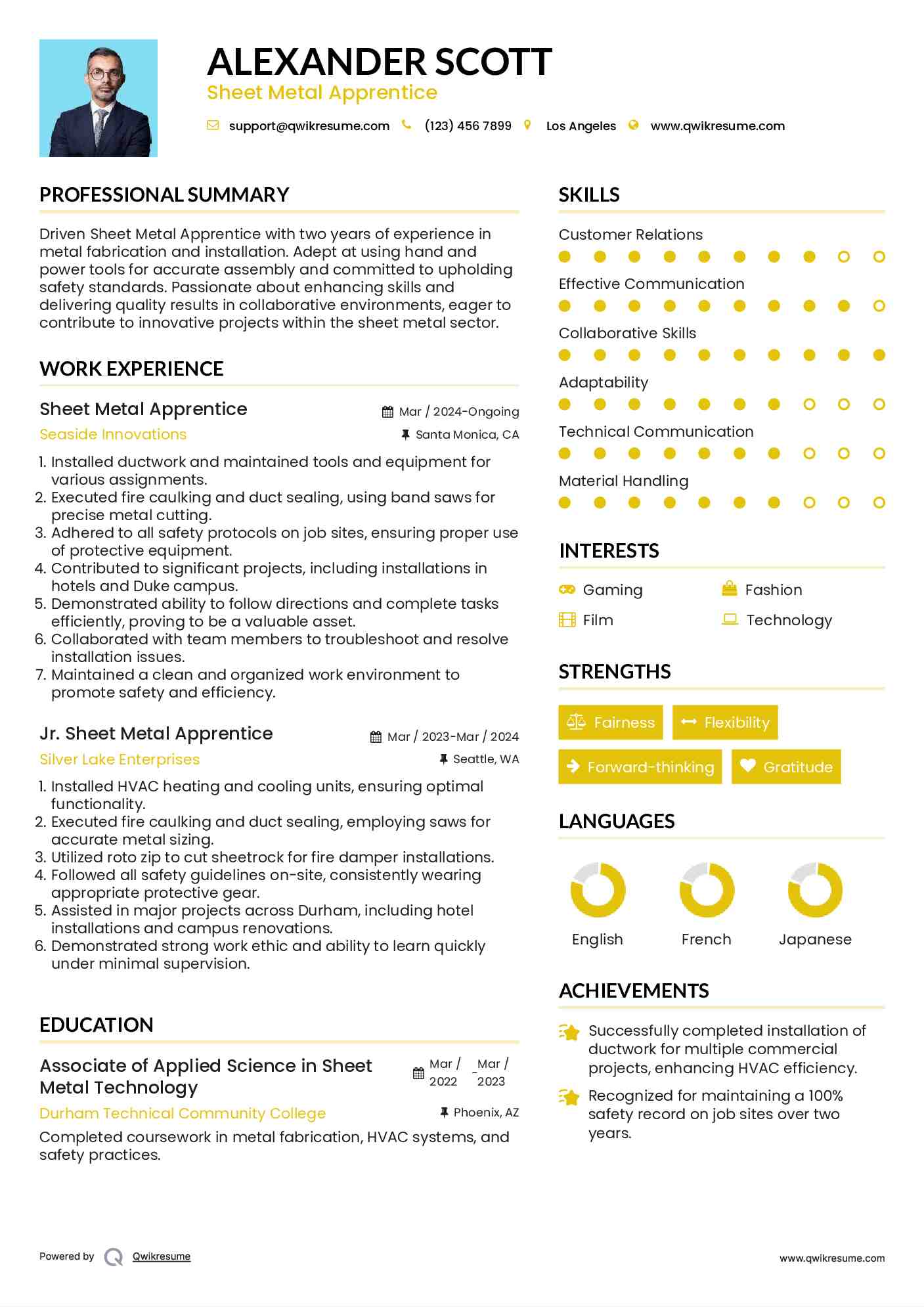 Sheet Metal Apprentice Resume Samples QwikResume
