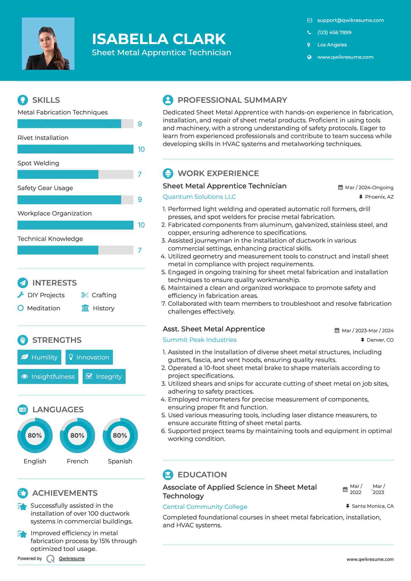 Sheet Metal Apprentice Technician Resume Sample