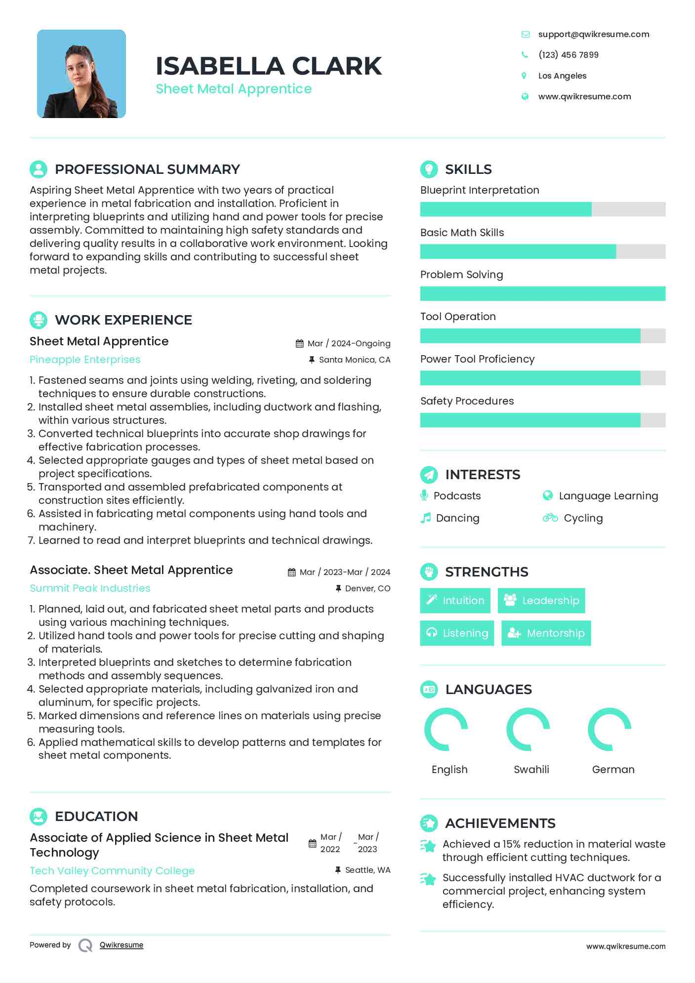 Sheet Metal Apprentice Resume Samples QwikResume