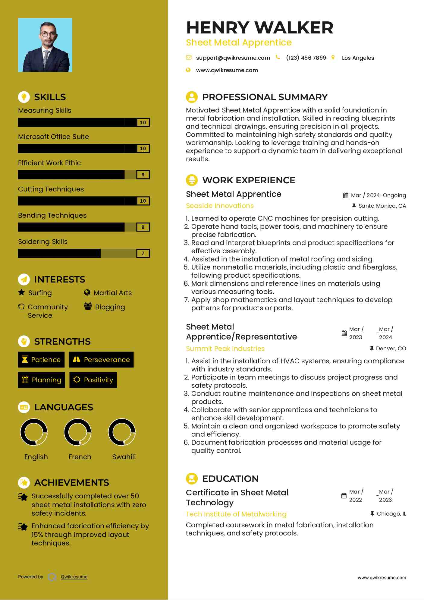 Sheet Metal Apprentice Resume Samples QwikResume