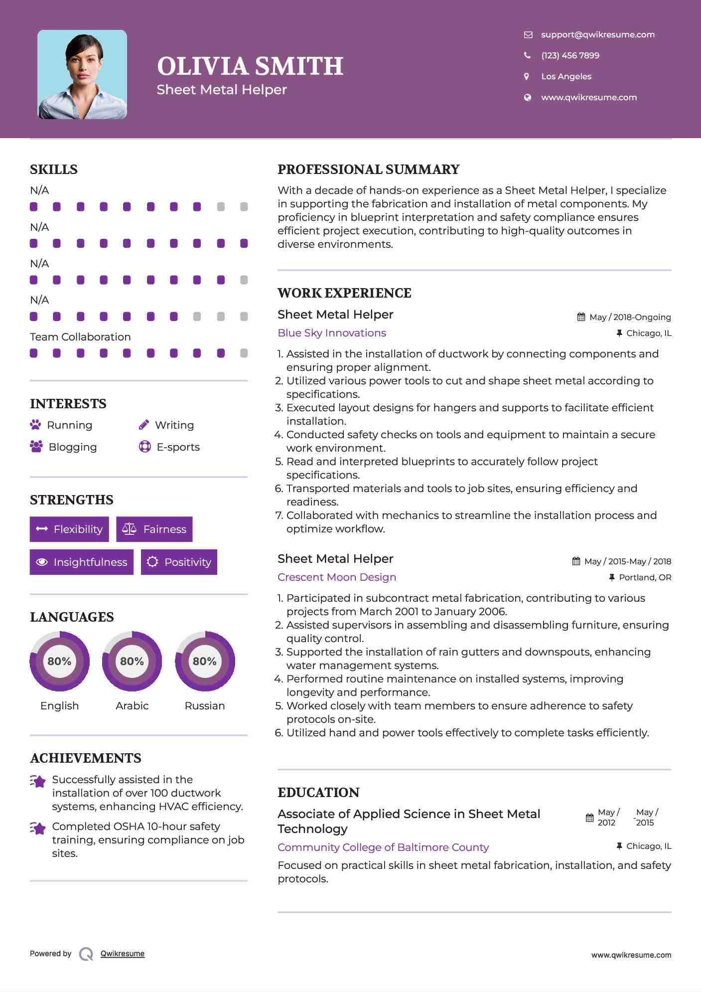 Sheet Metal Helper Resume Example