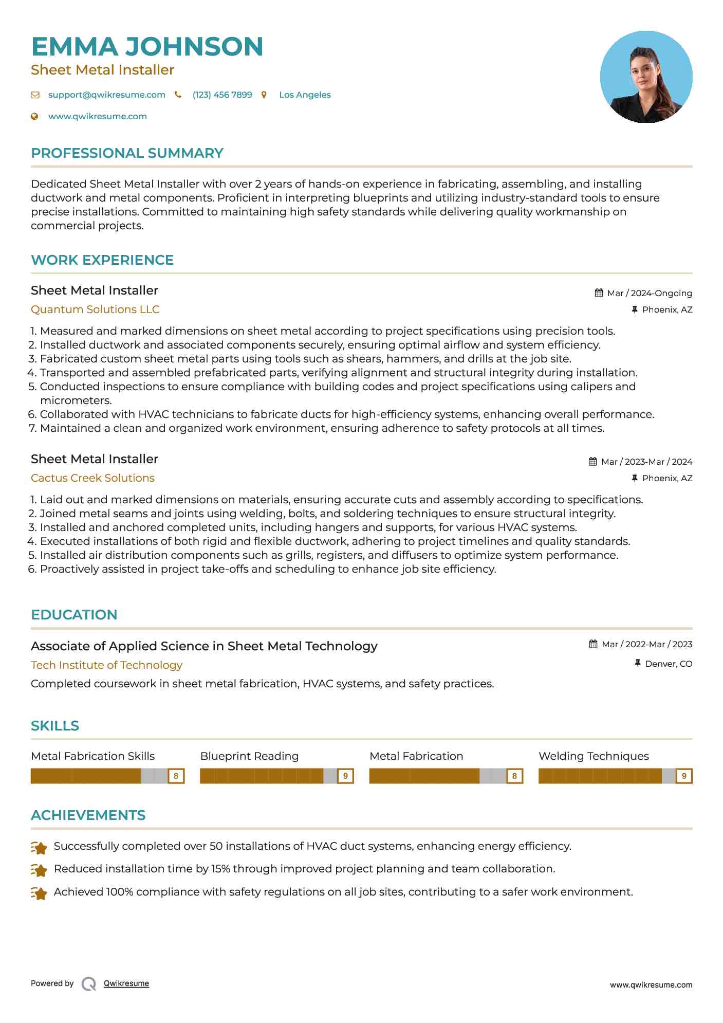 Sheet Metal Installer Resume Sample