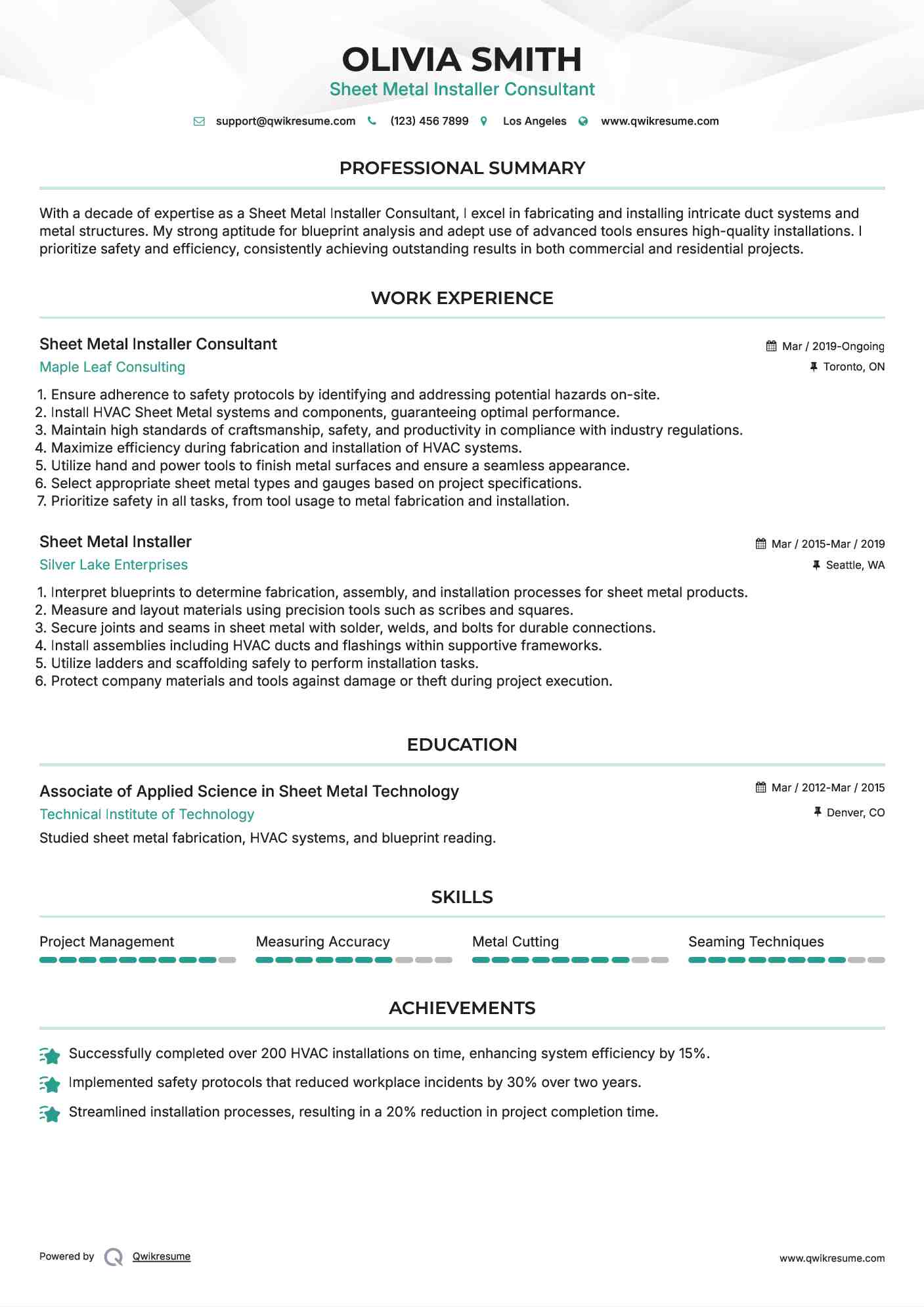 Sheet Metal Installer Consultant Resume Example