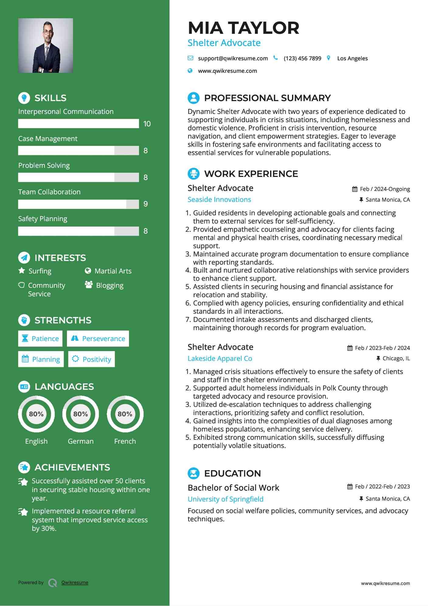 Shelter Advocate Resume Sample