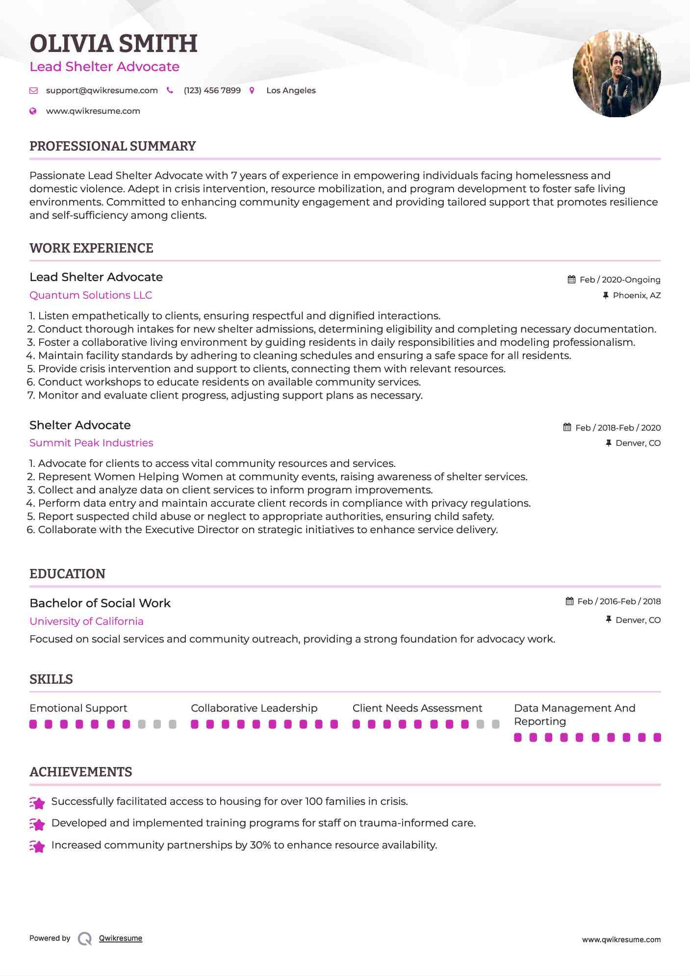 Lead Shelter Advocate Resume Model