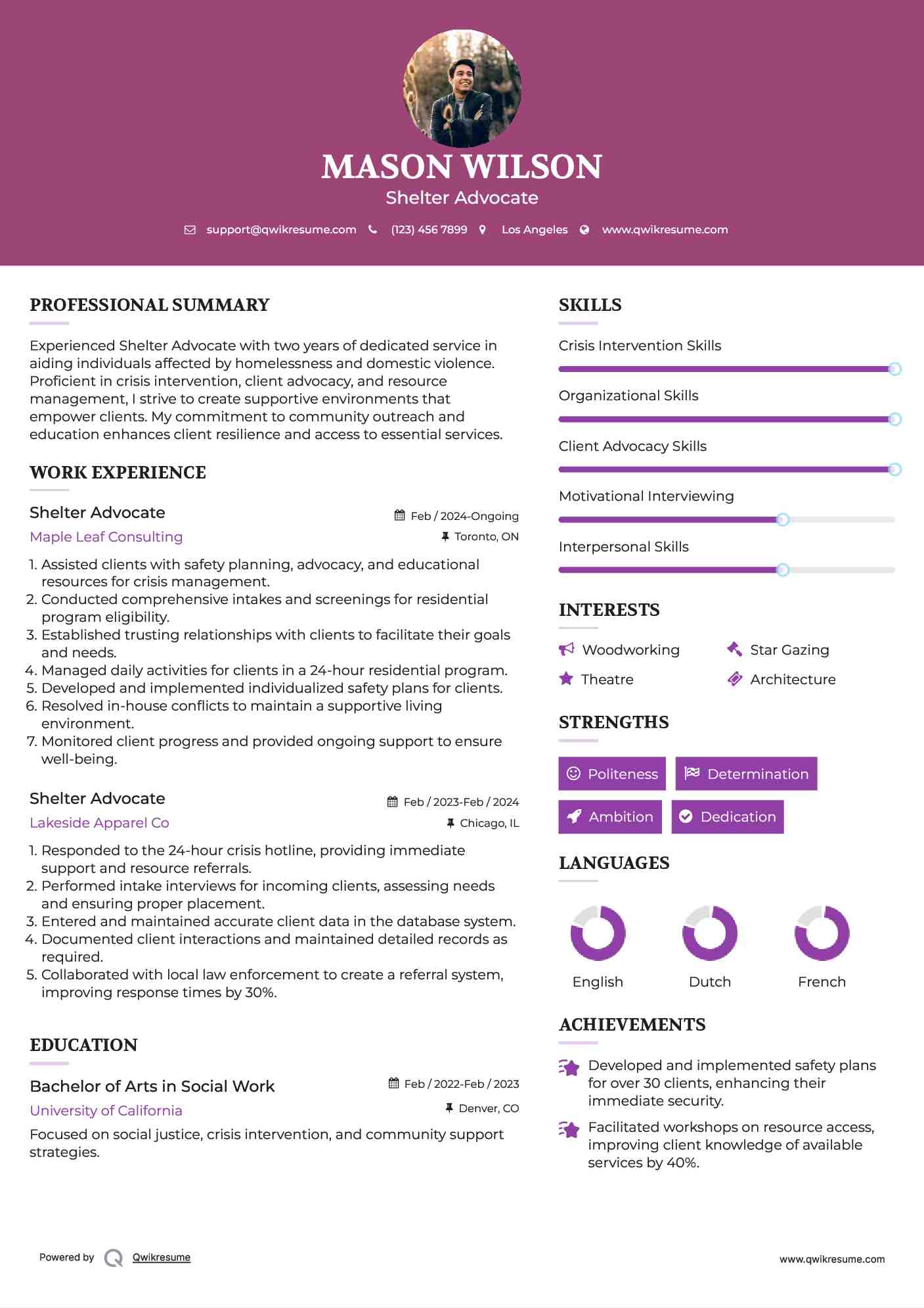 Shelter Advocate Resume Sample