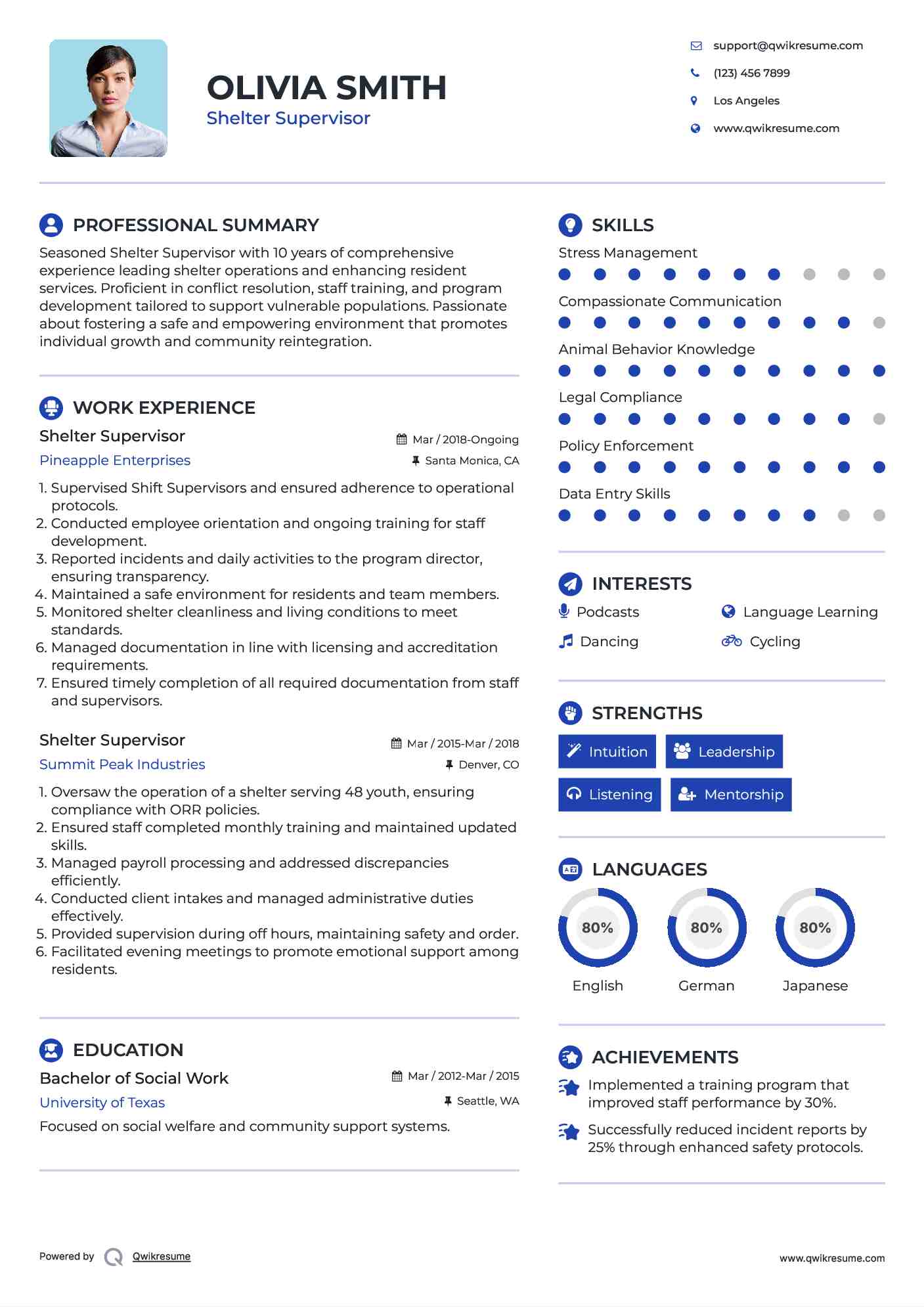 Shelter Supervisor Resume Example