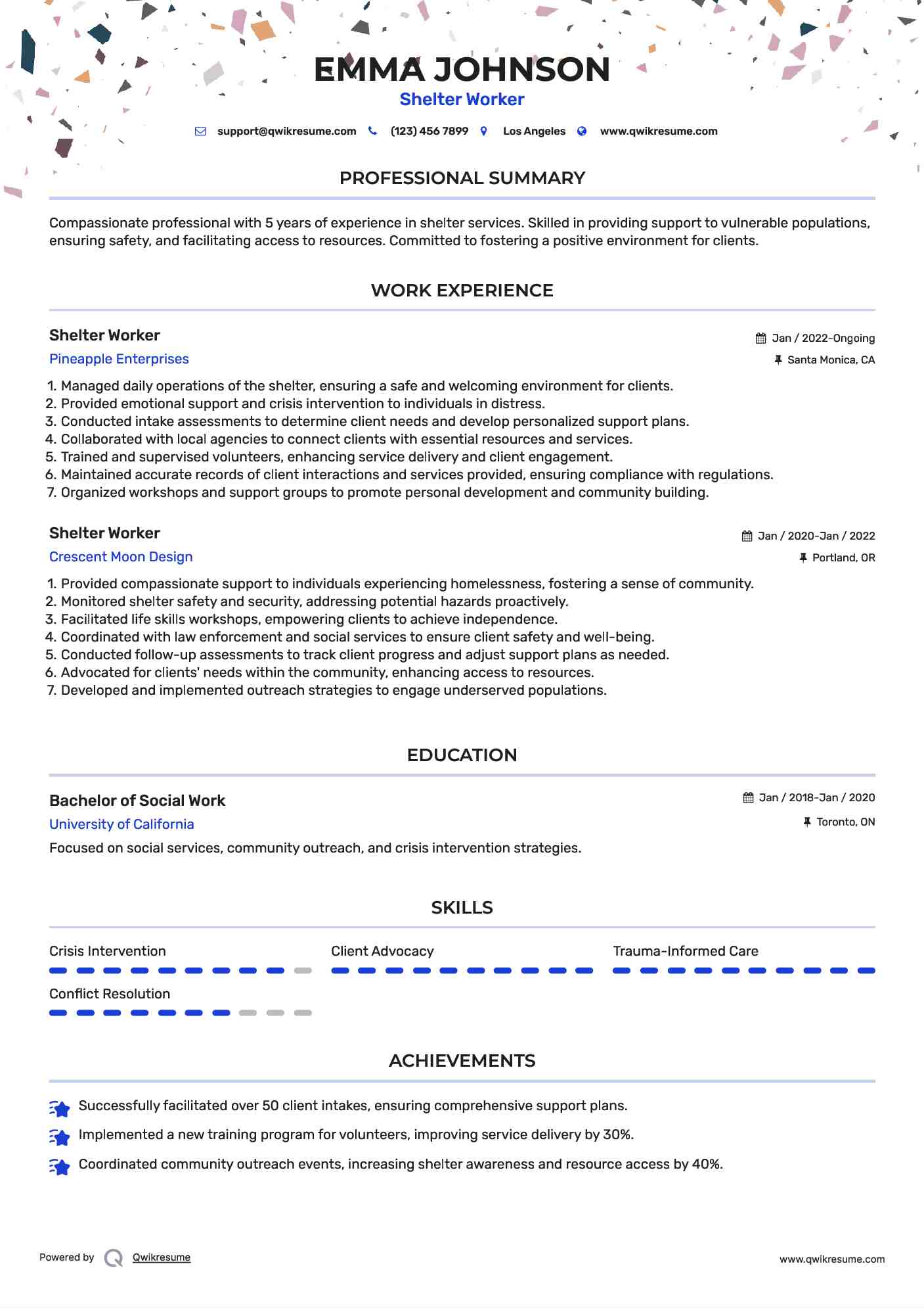 Shelter Worker Resume Example