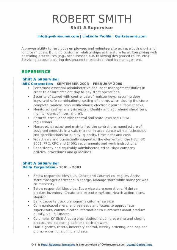 Shift A Supervisor Resume Samples QwikResume