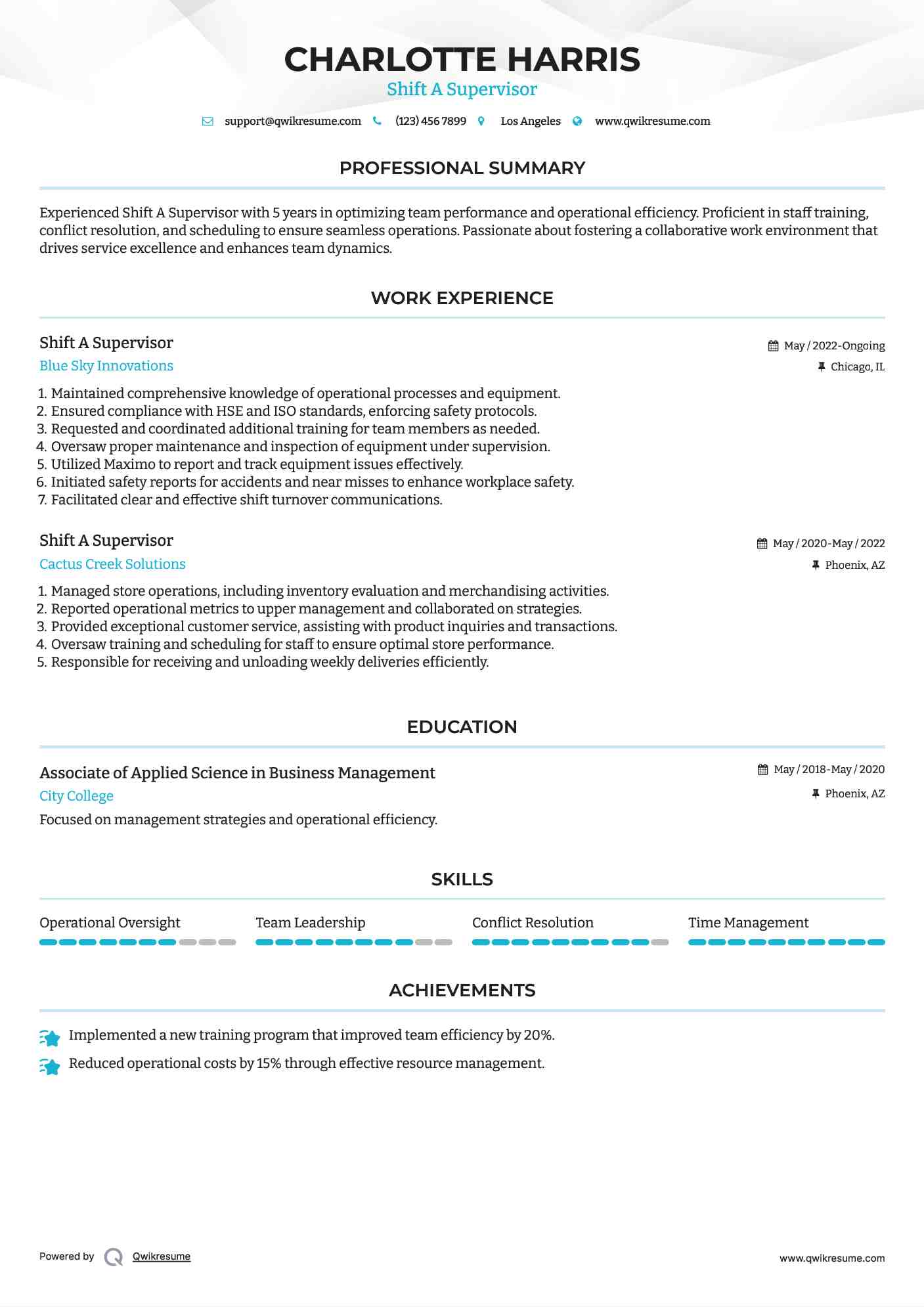 Shift A Supervisor Resume Samples QwikResume