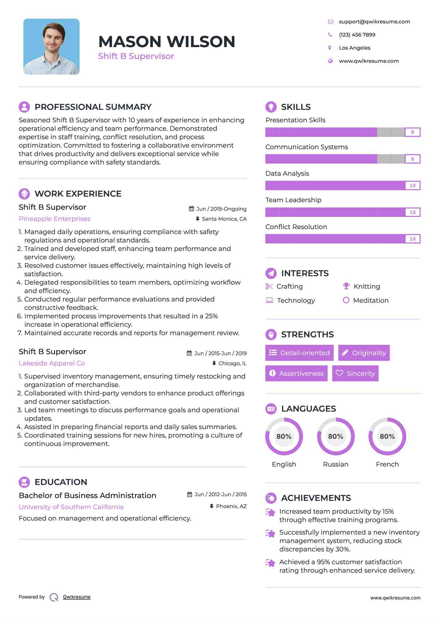 Shift B Supervisor Resume Sample