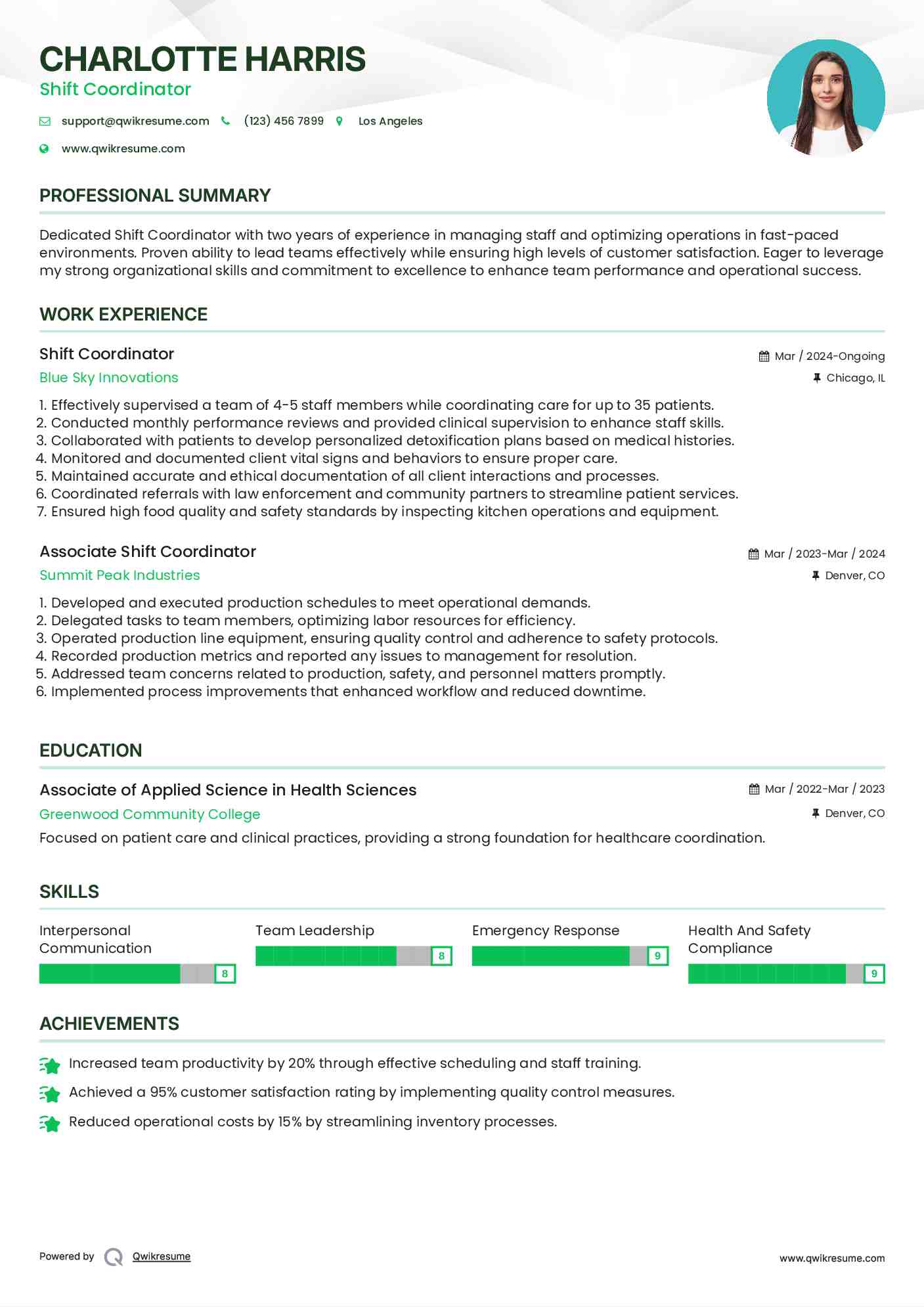 Shift Coordinator Resume Model