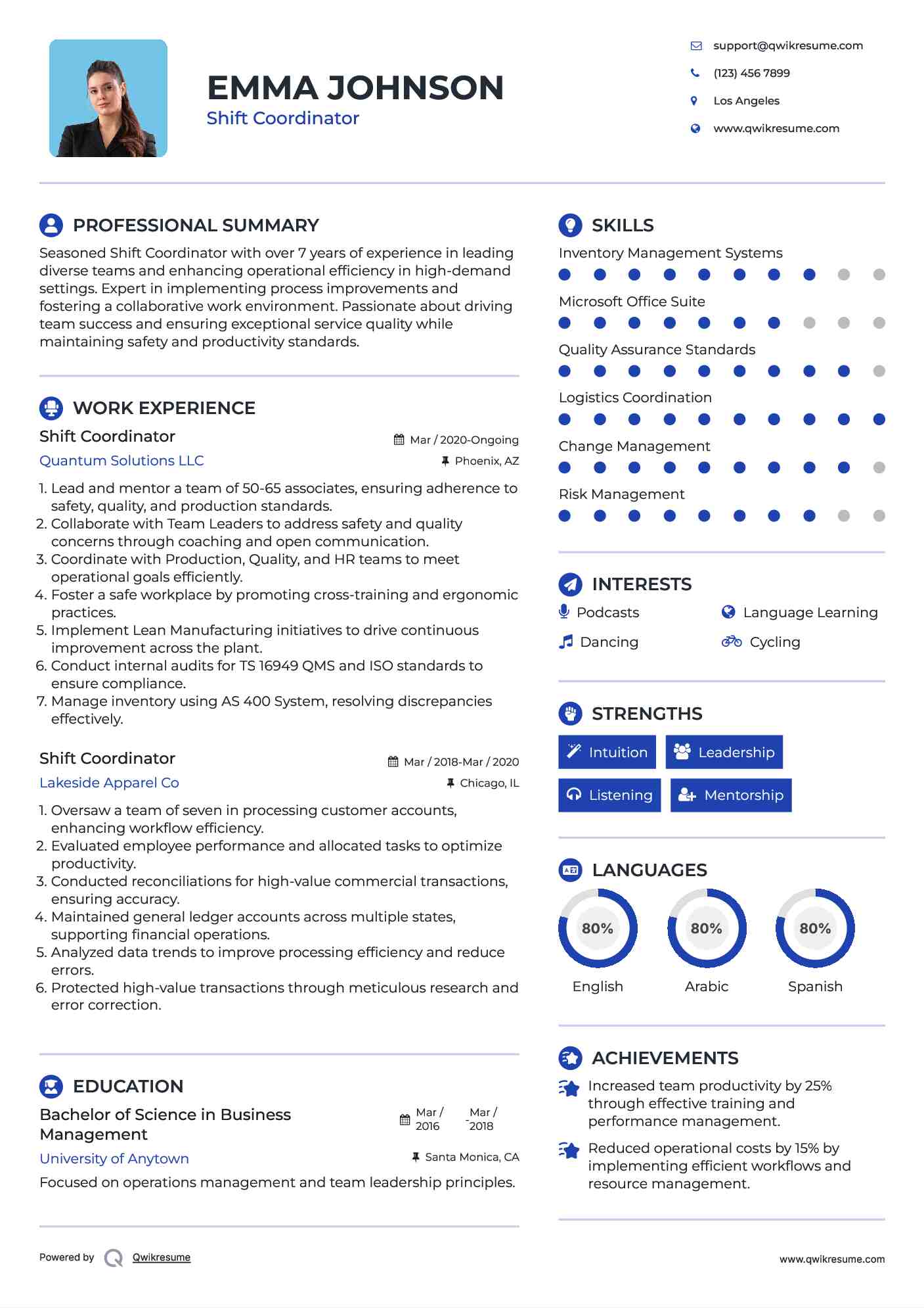 Shift Coordinator Resume Sample