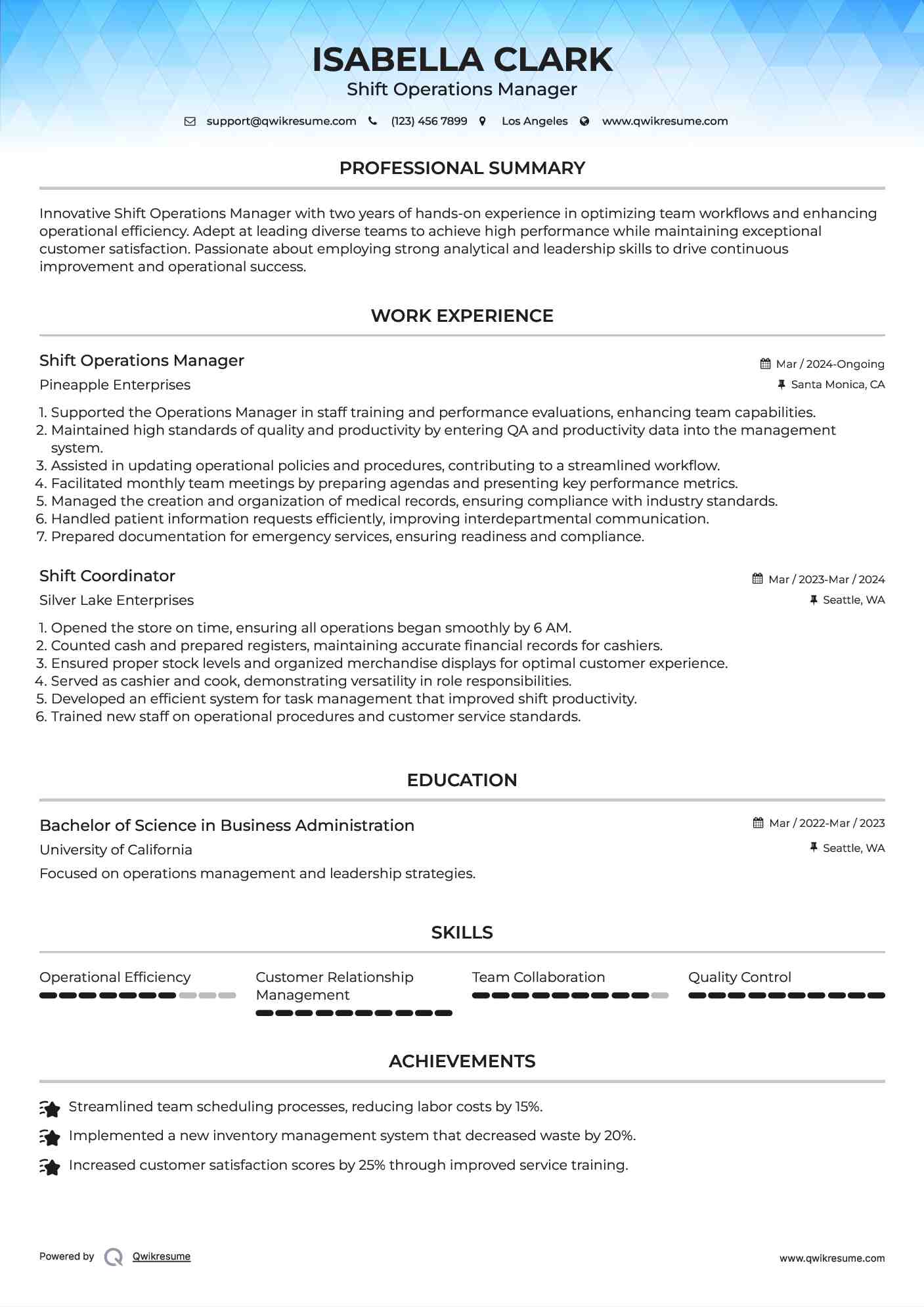 Shift Operations Manager Resume Example