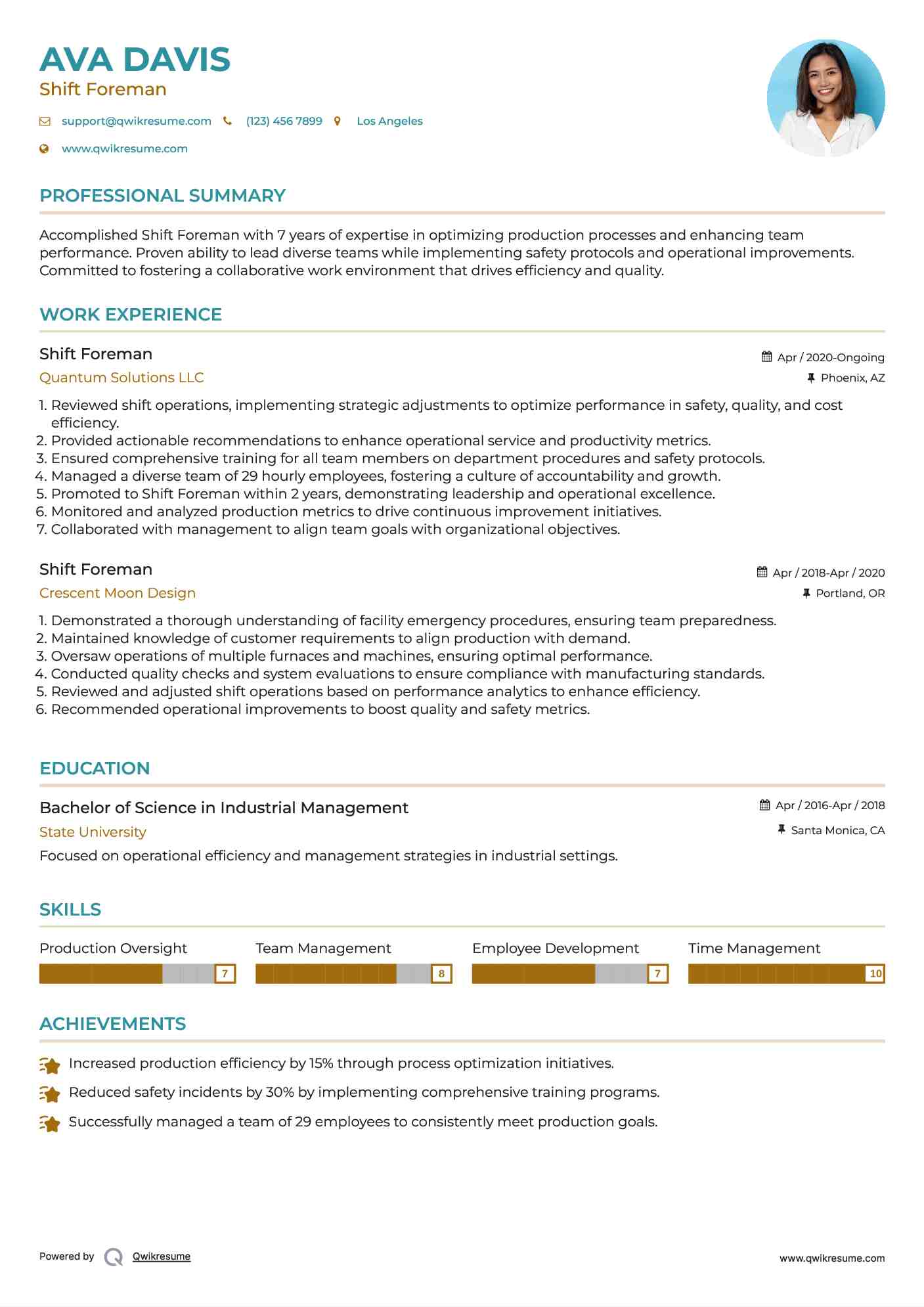 Shift Foreman Resume Example