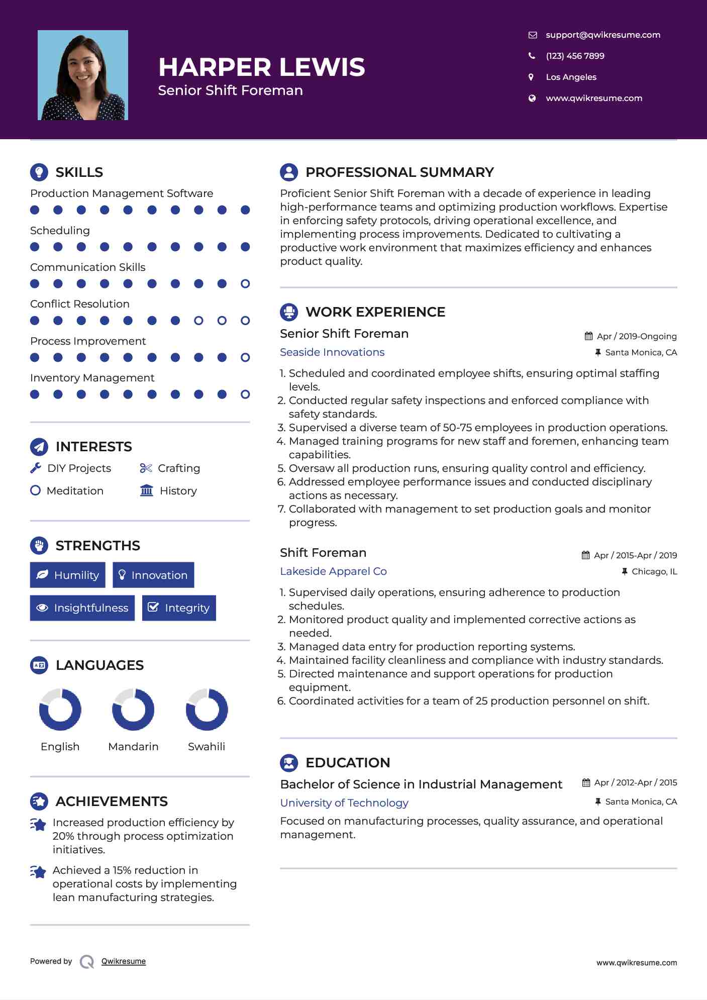 Senior Shift Foreman Resume Format