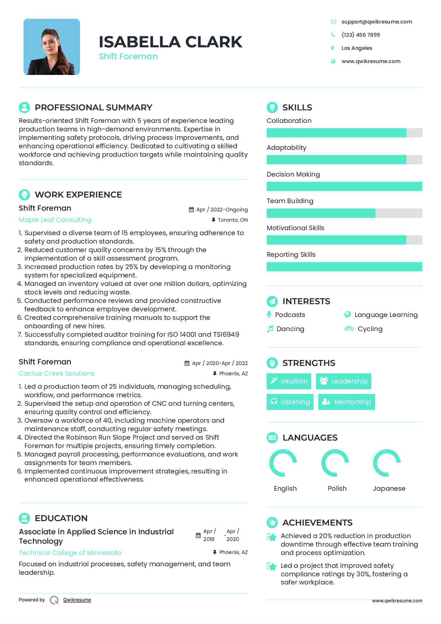 Shift Foreman Resume Model