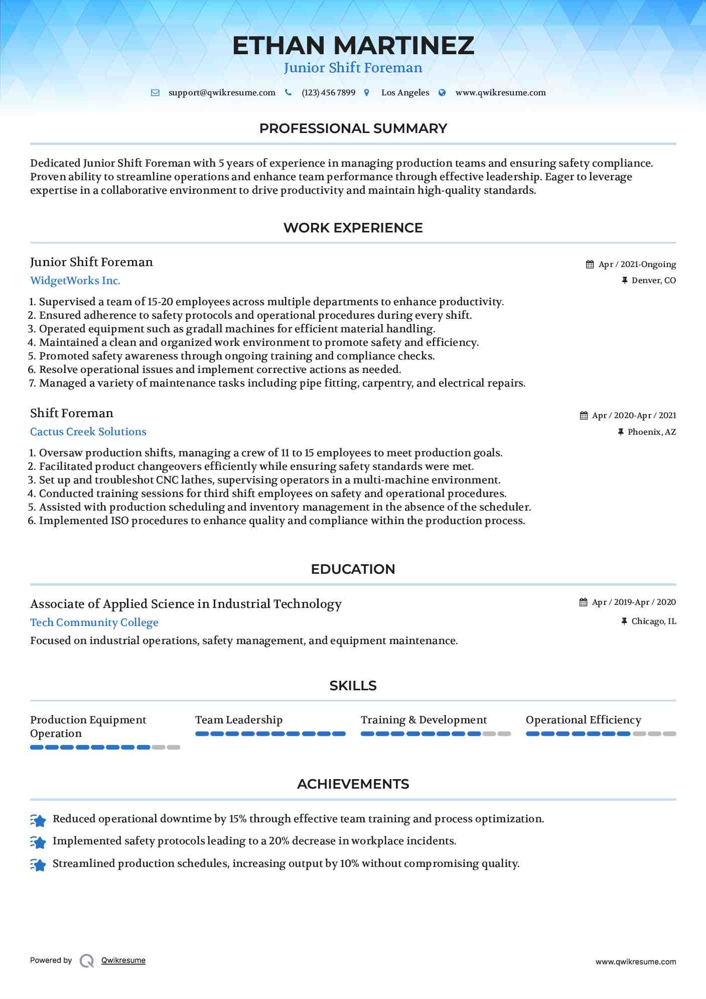 Junior Shift Foreman Resume Model