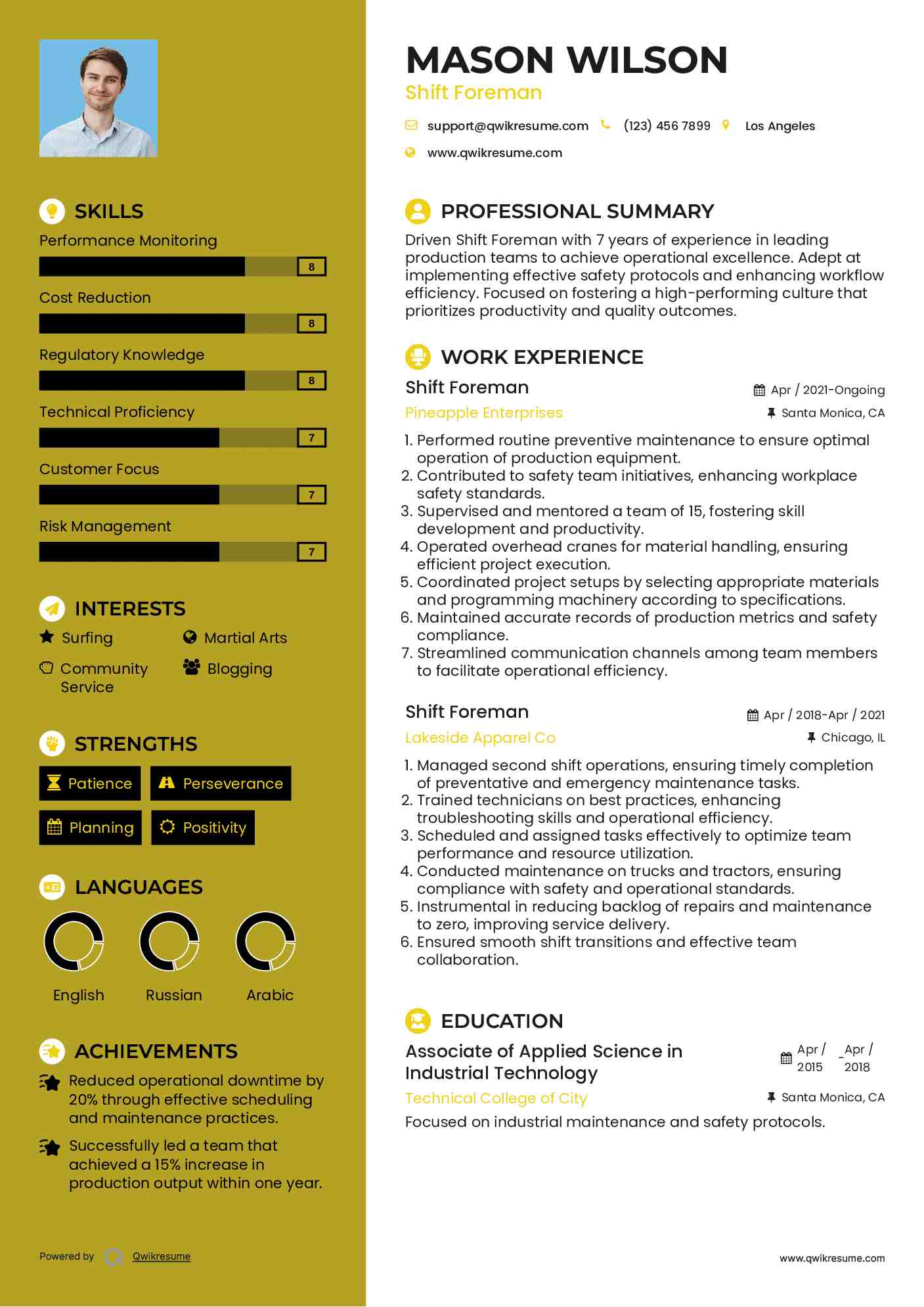 Shift Foreman Resume Example