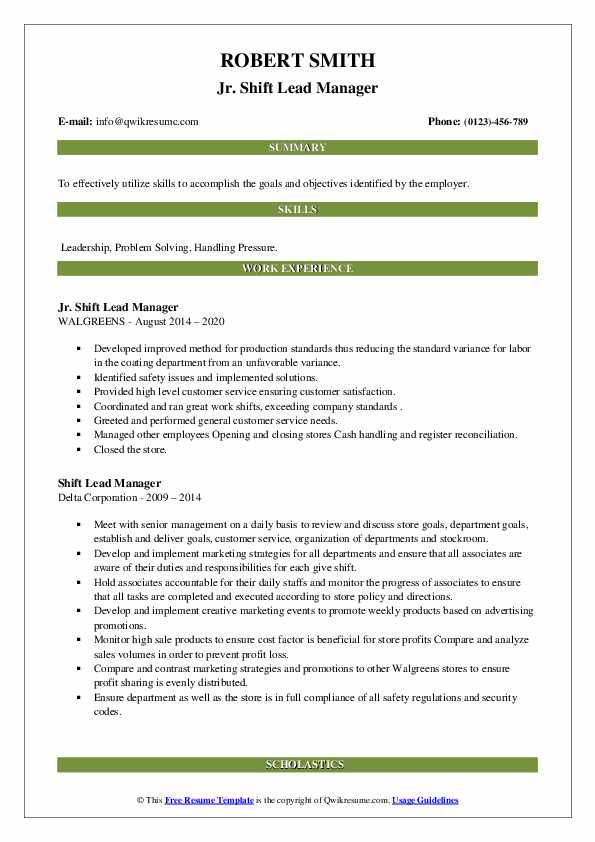 Shift Lead Manager Resume Samples QwikResume