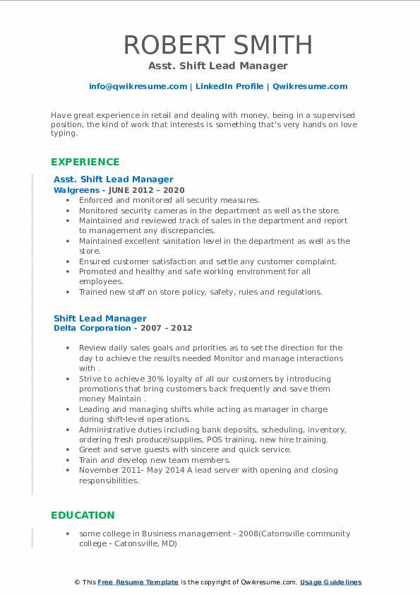 Shift Lead Manager Resume Samples QwikResume