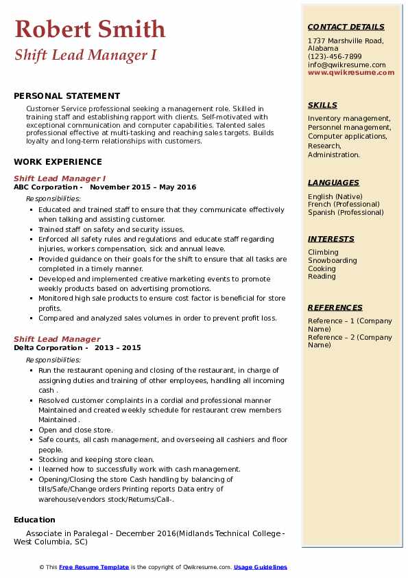 Shift Lead Manager Resume Samples QwikResume