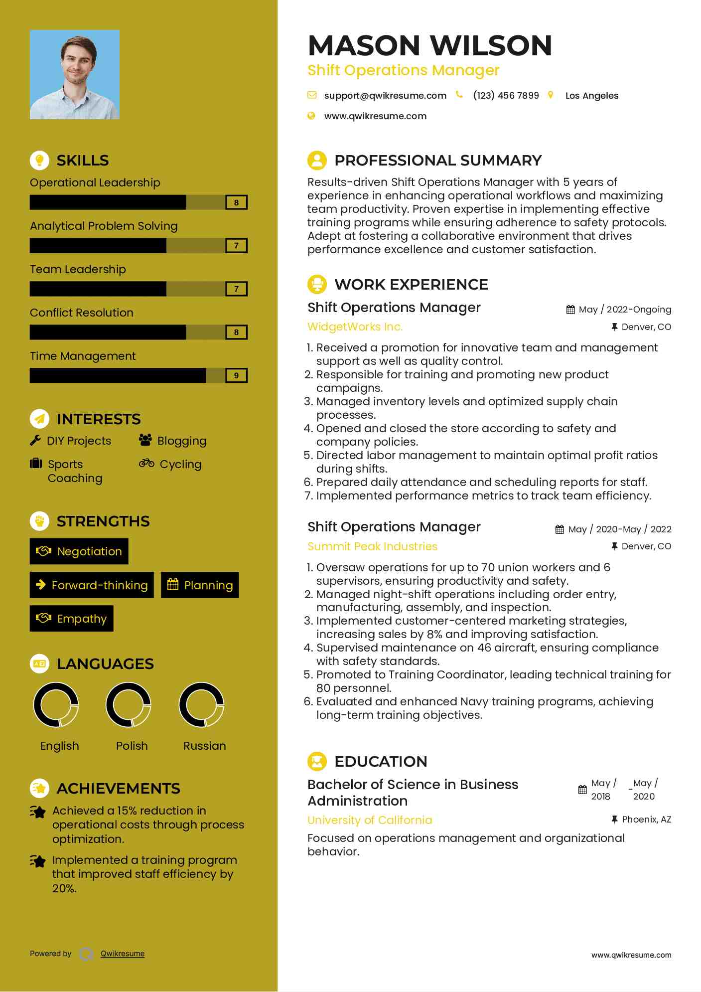 Shift Operations Manager Resume Samples | QwikResume