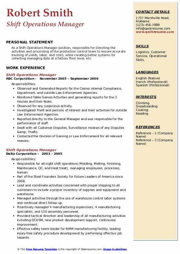 Shift Operations Manager Resume Samples | QwikResume