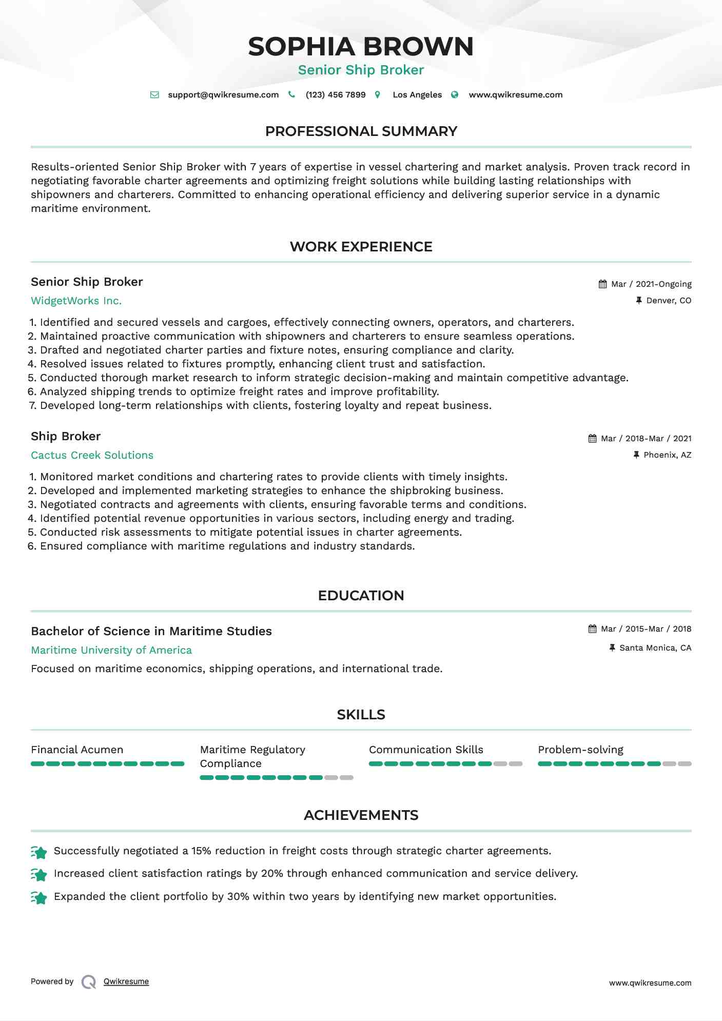 Senior Ship Broker Resume Example