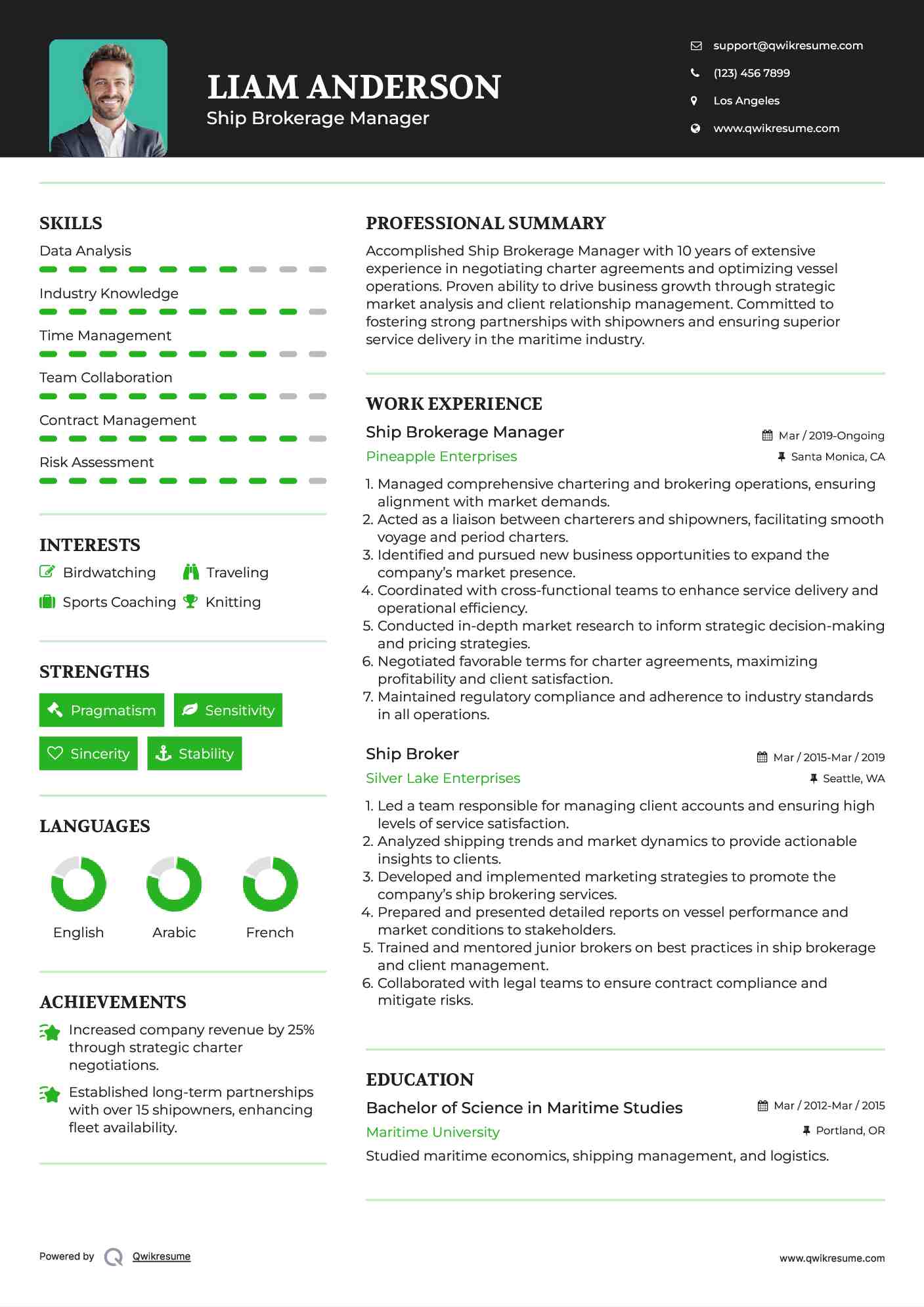 Ship Brokerage Manager Resume Template