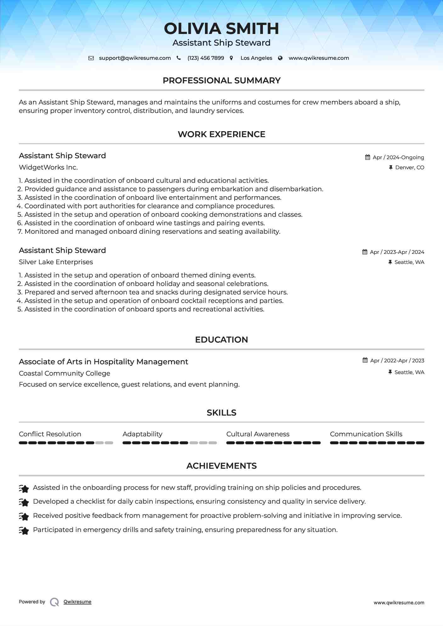 Assistant Ship Steward Resume Model