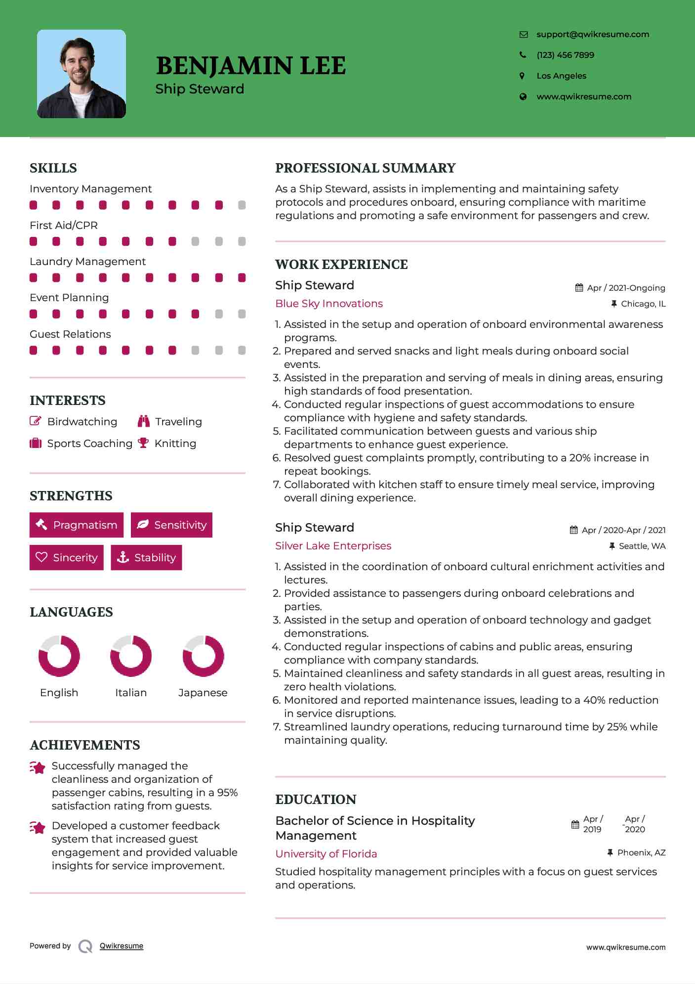 Ship Steward Resume Example