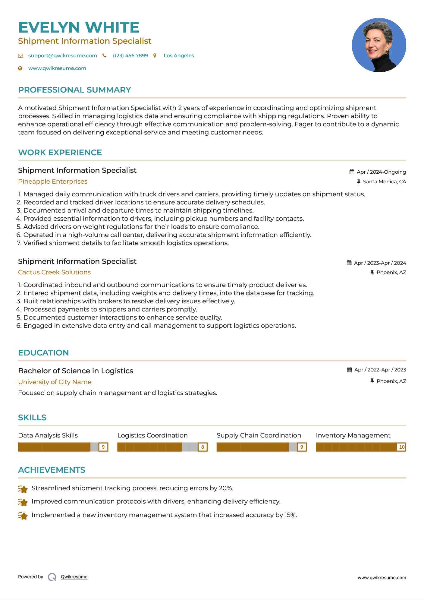 Shipment Information Specialist Resume Model