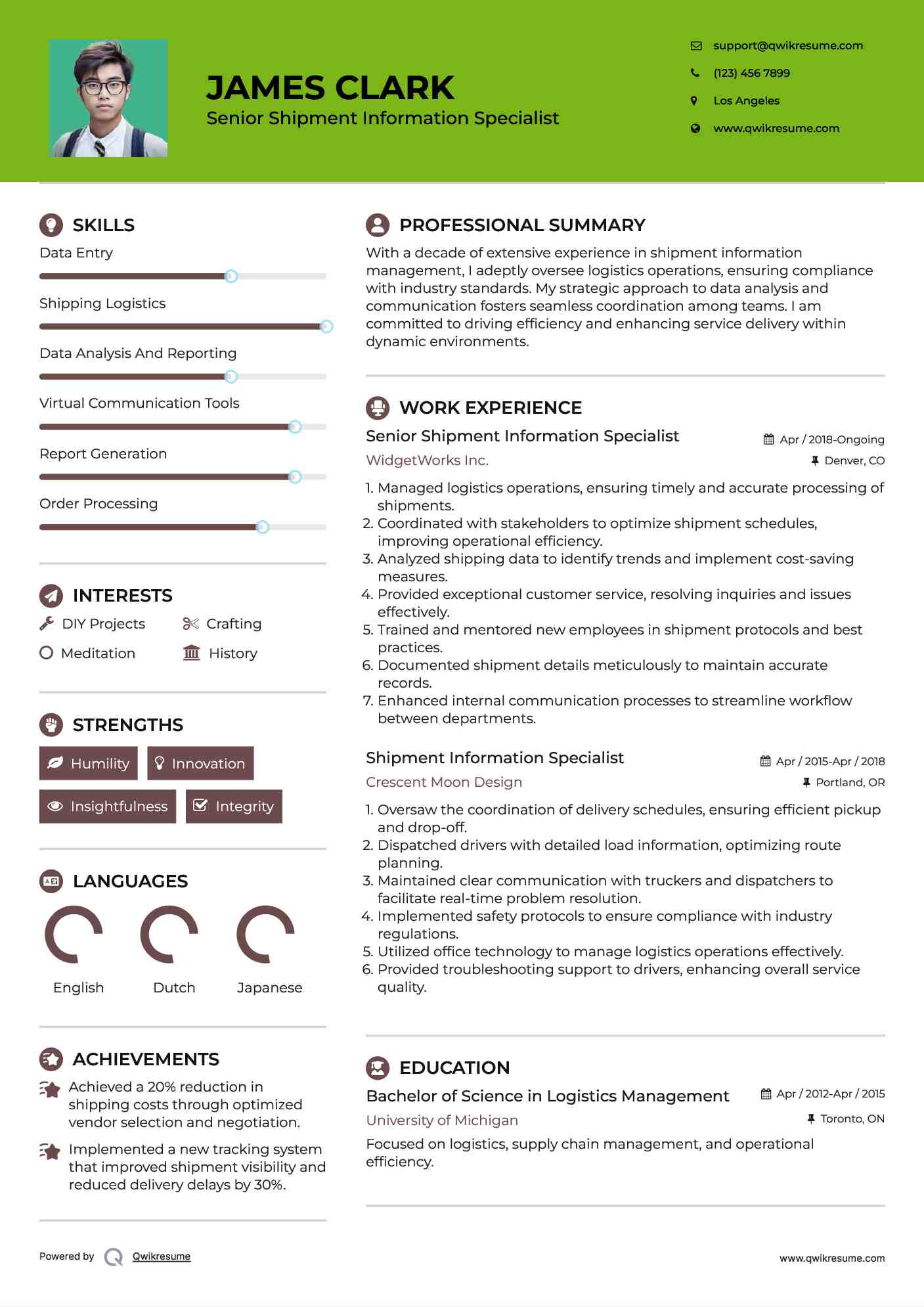 Senior Shipment Information Specialist Resume Format