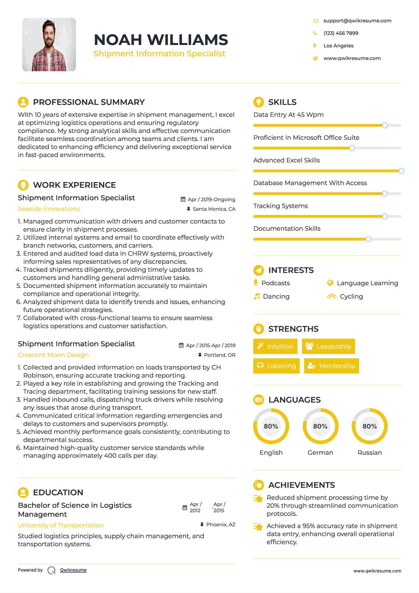 Shipment Information Specialist Resume Format