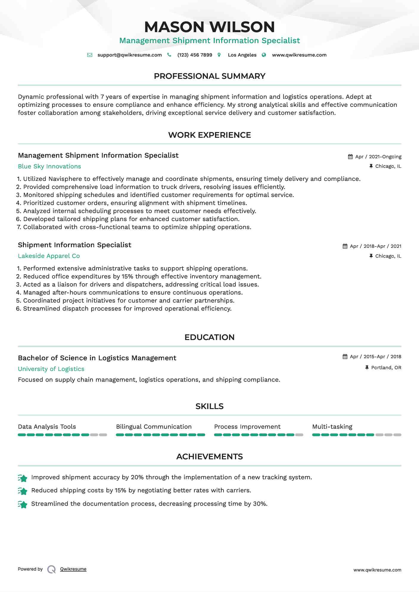 Management Shipment Information Specialist Resume Template