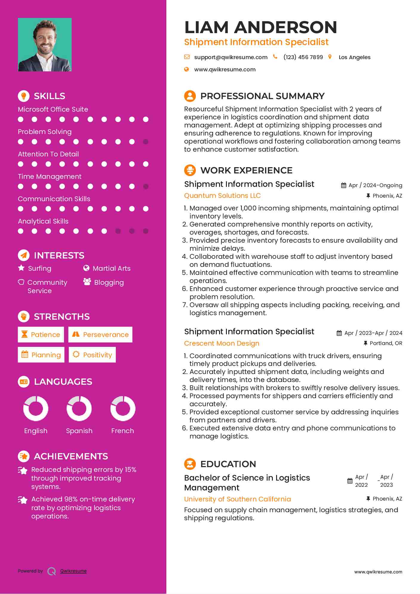 Shipment Information Specialist Resume Sample