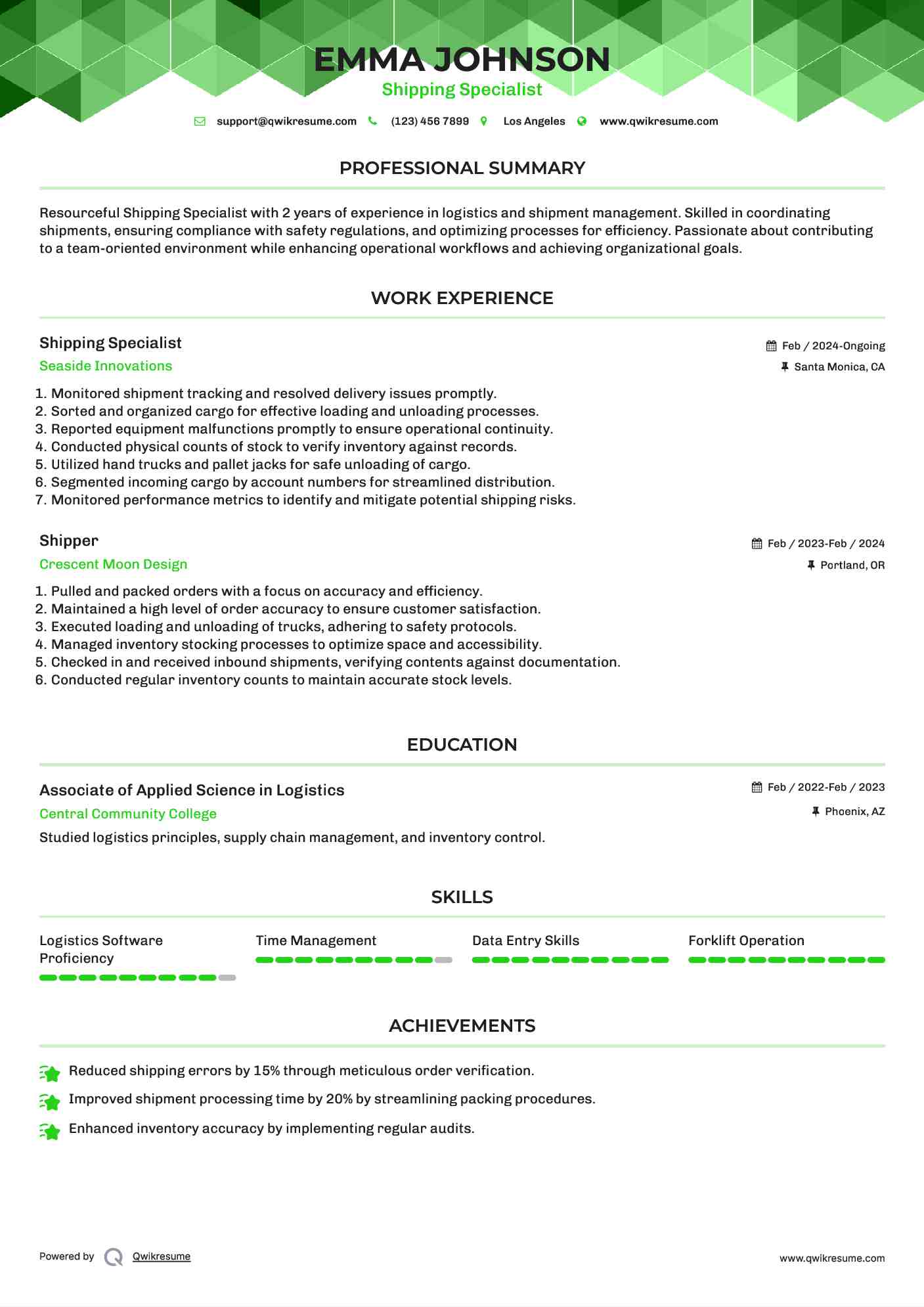 Shipping Specialist Resume Format