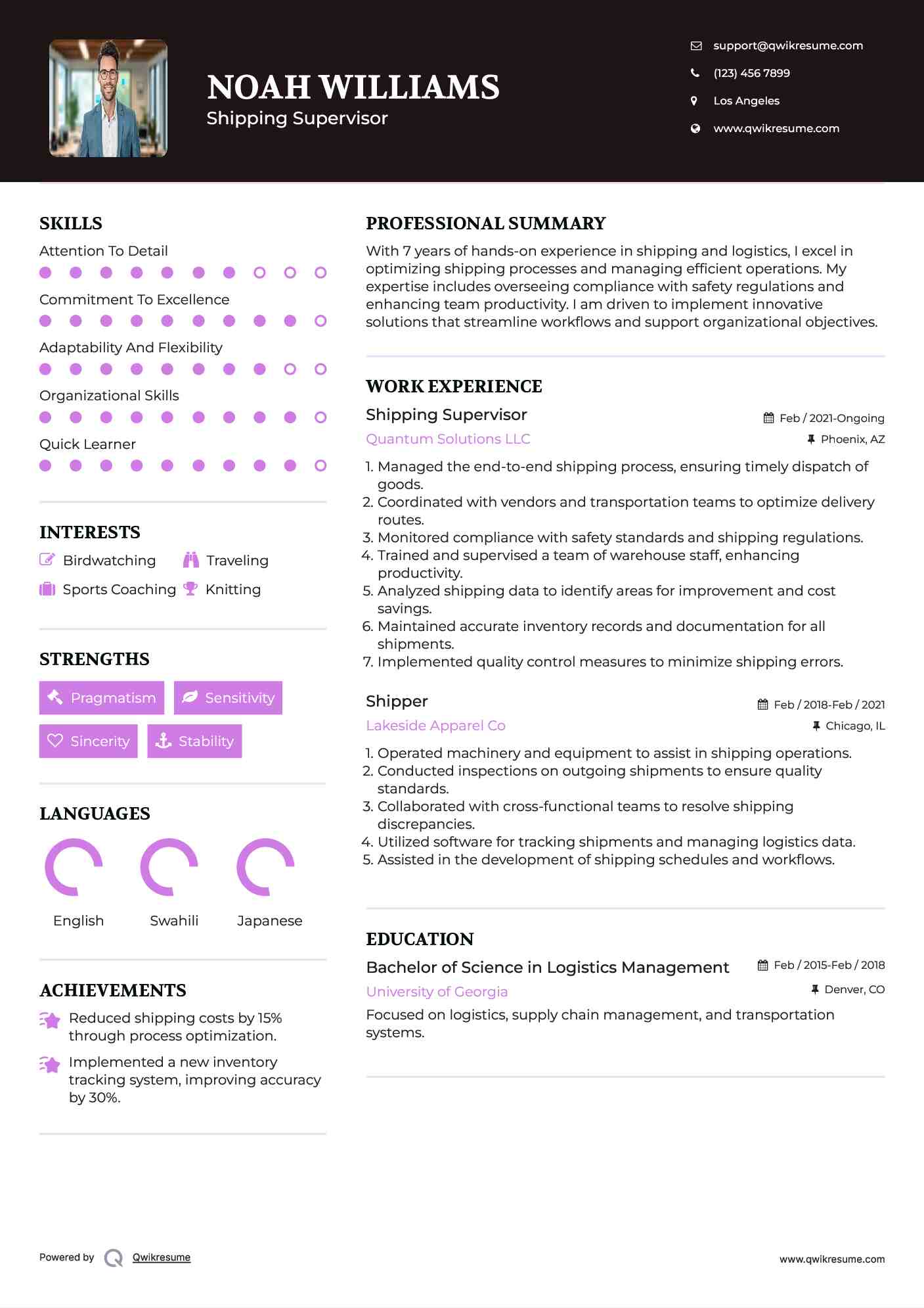 Shipping Supervisor Resume Sample