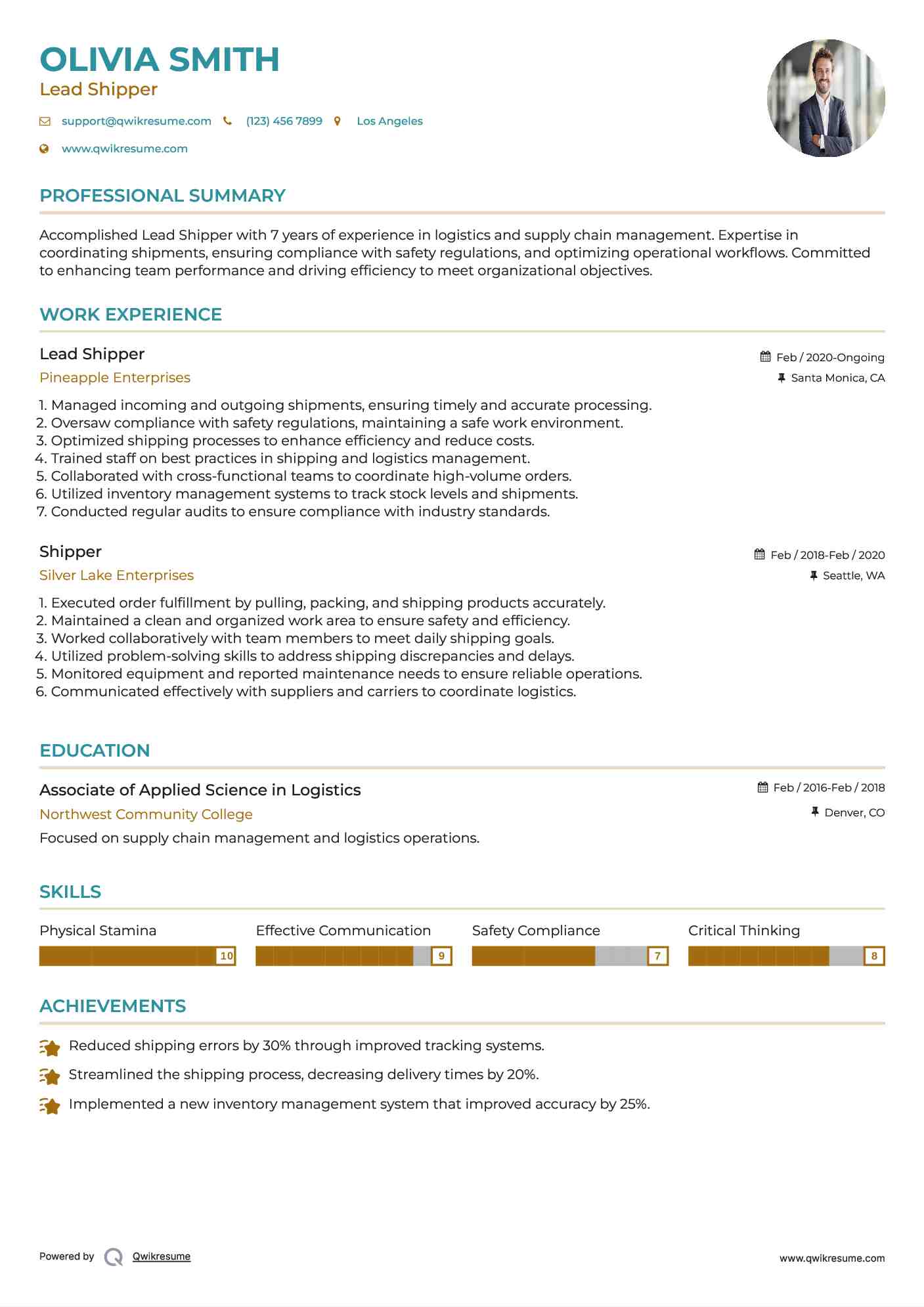 Lead Shipper Resume Model