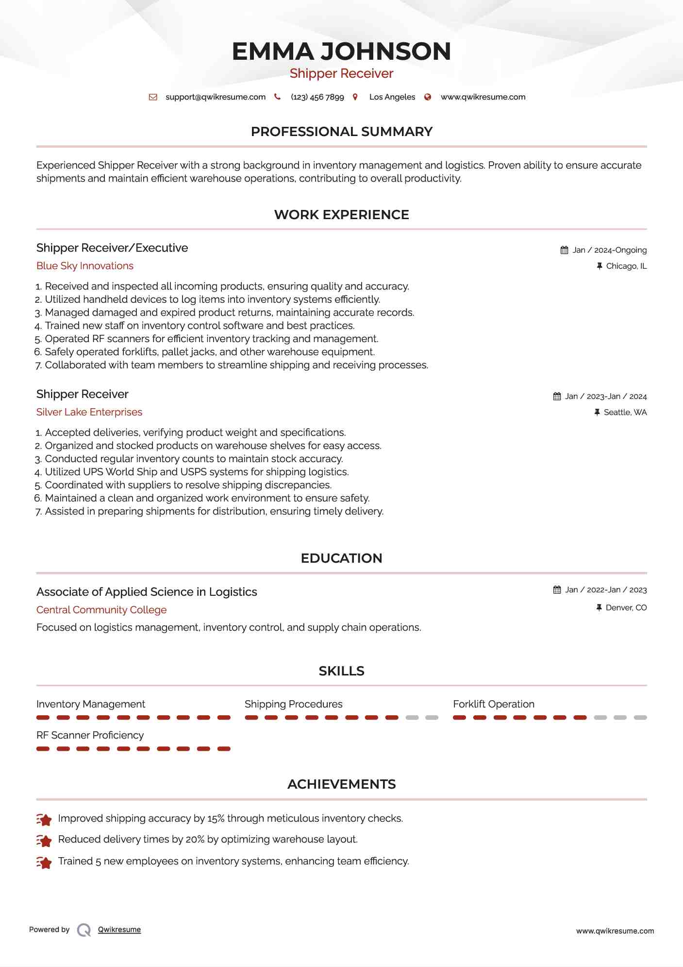 Shipper Receiver/Executive Resume Template