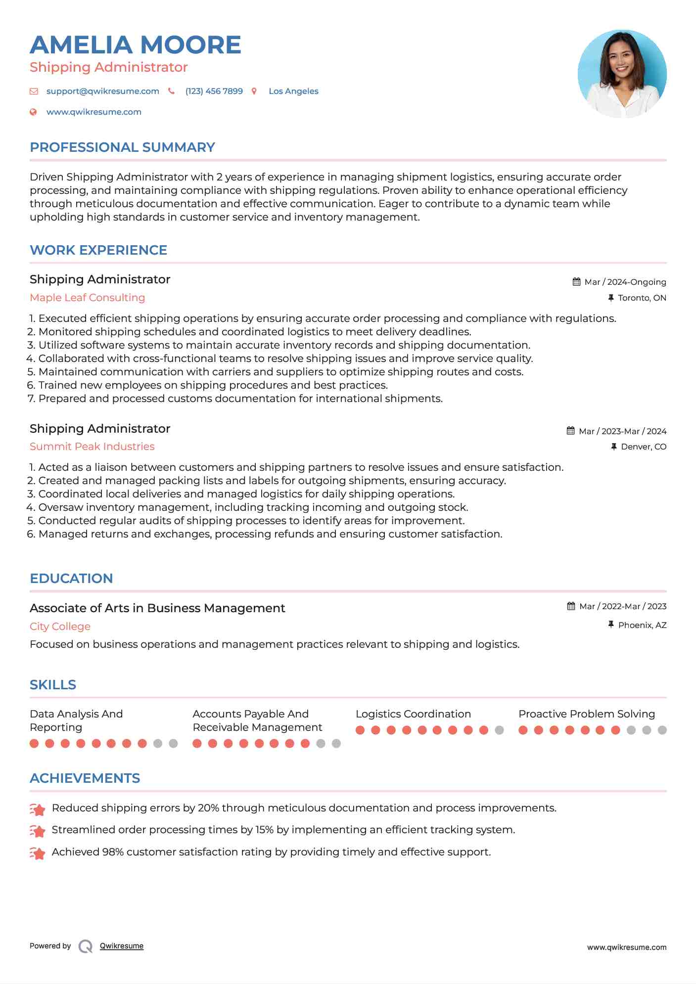 Shipping Administrator Resume Sample