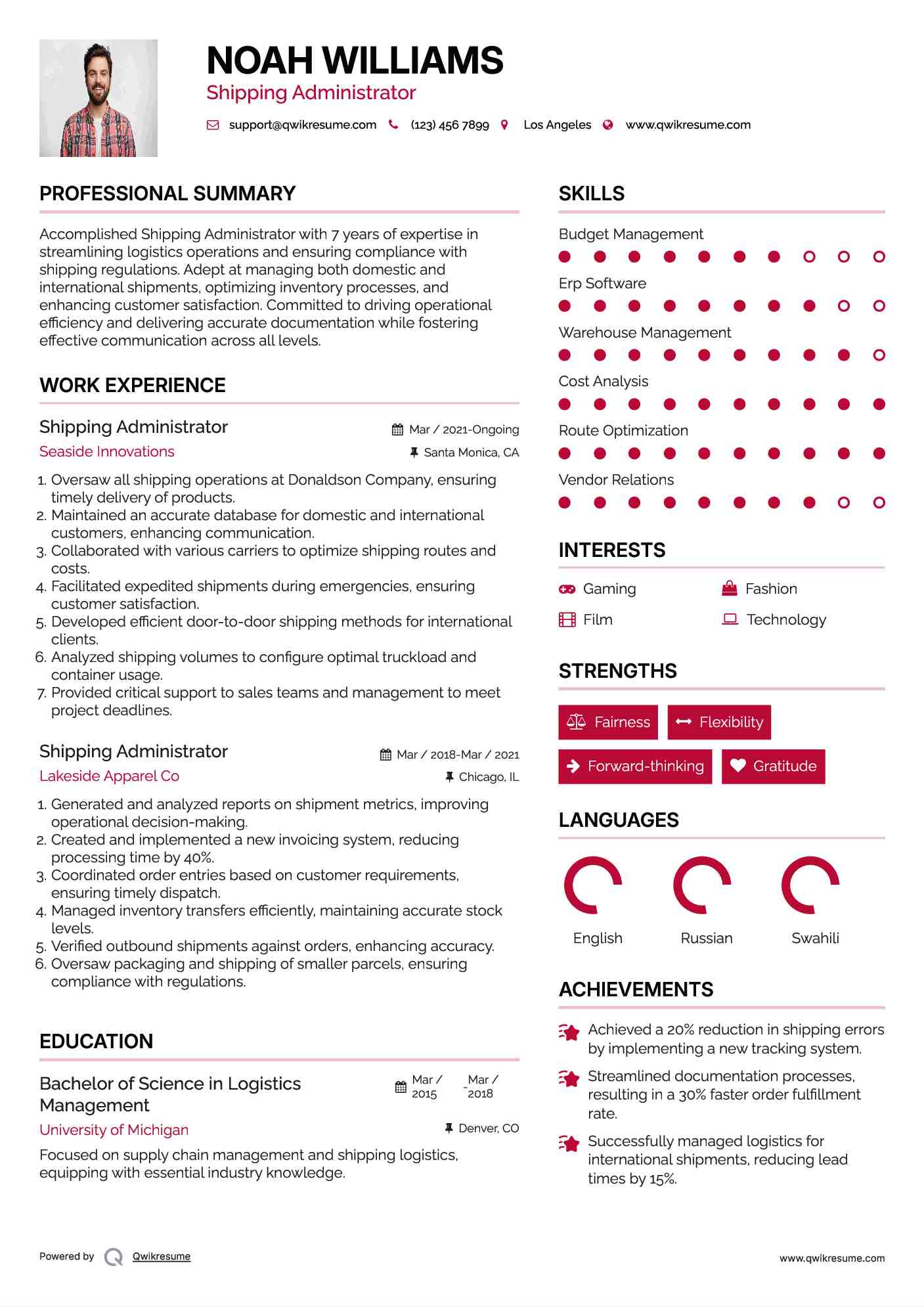 Shipping Administrator Resume Example