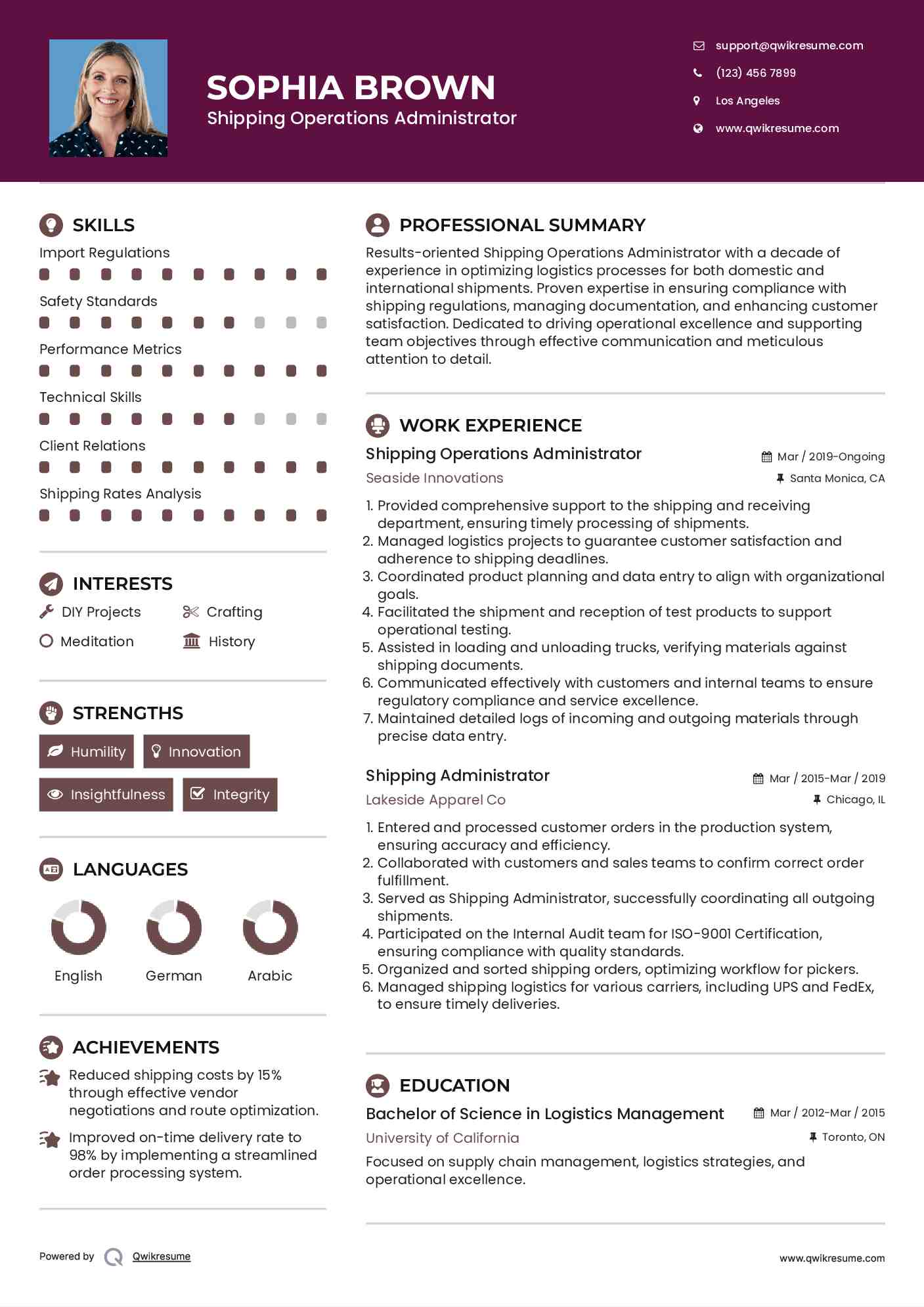 Shipping Operations Administrator Resume Sample