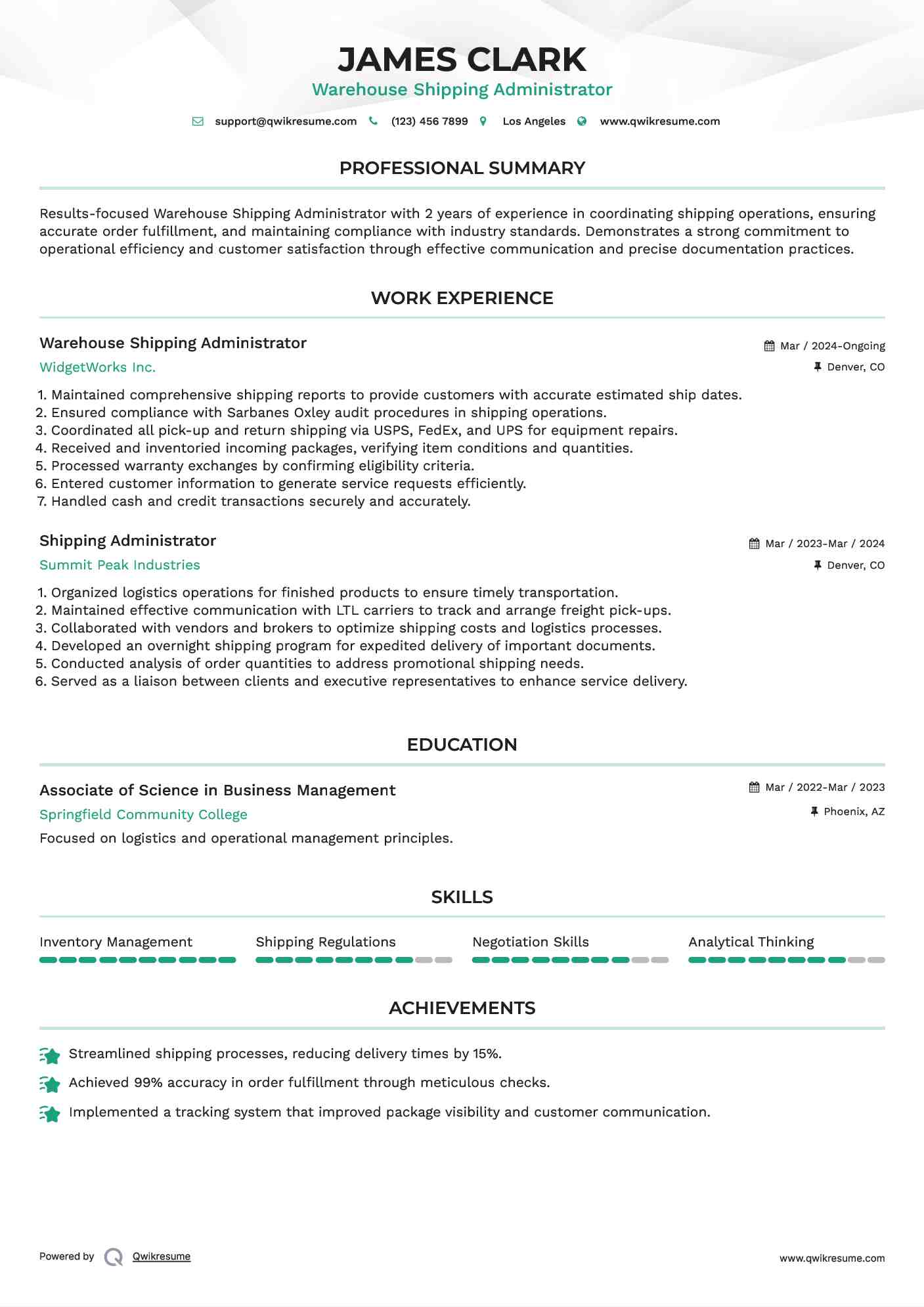 Warehouse Shipping Administrator Resume Sample