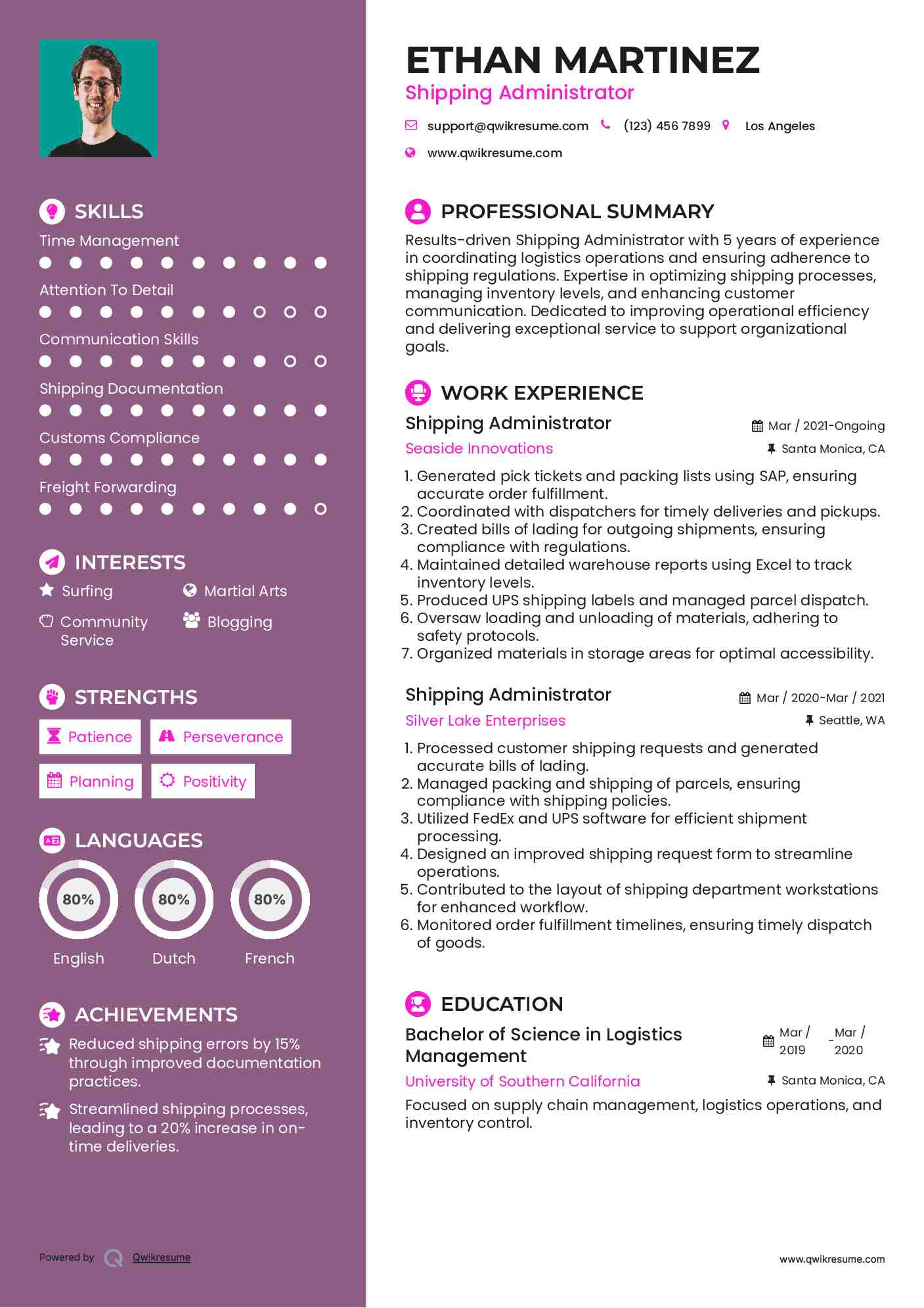 Shipping Administrator Resume Template