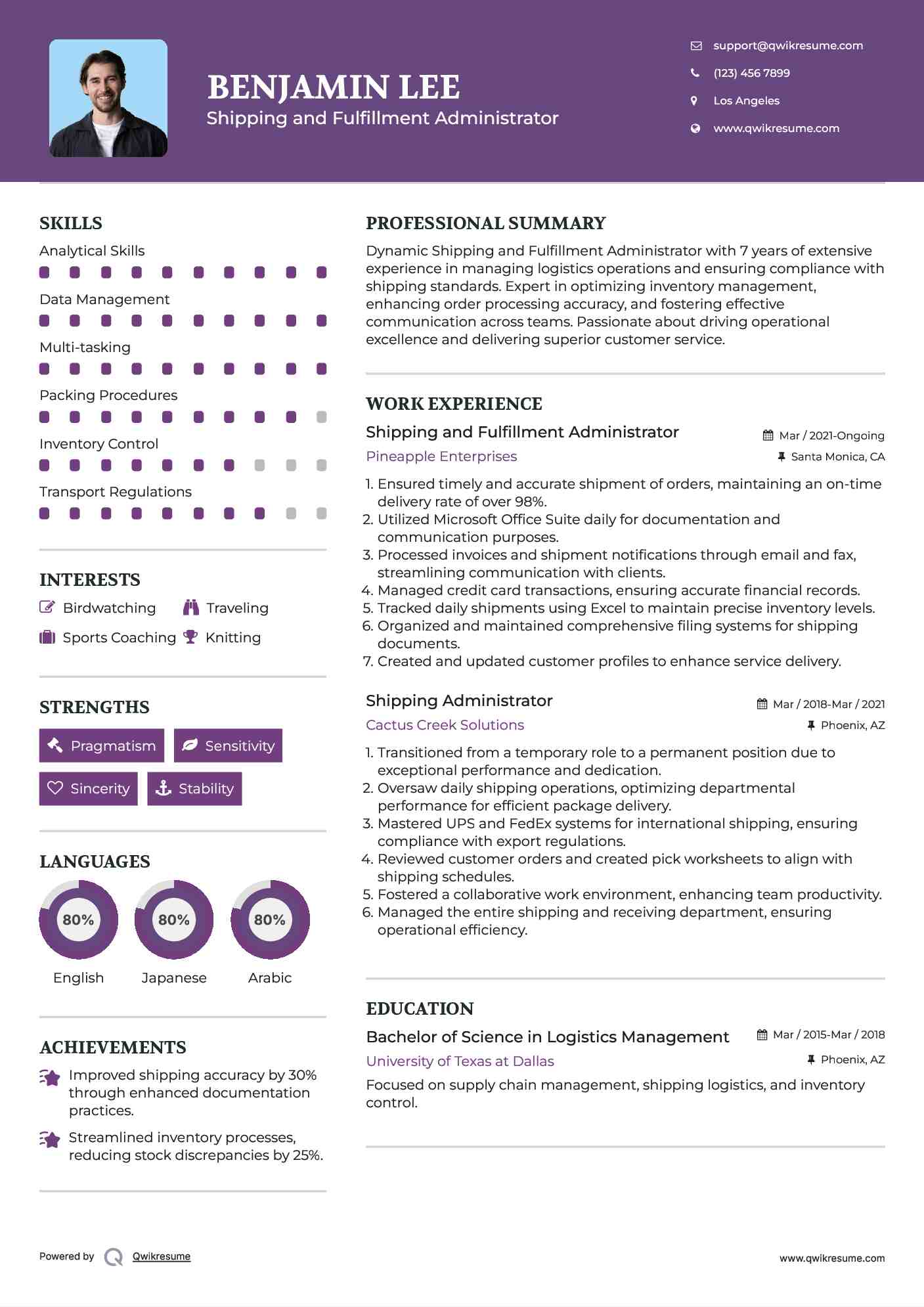 Shipping and Fulfillment Administrator Resume Sample