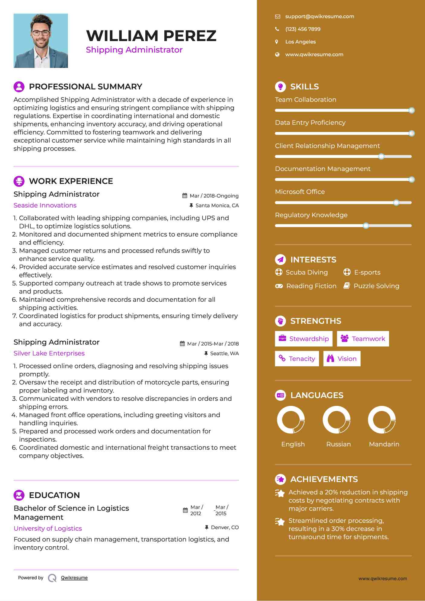 Shipping Administrator Resume Sample